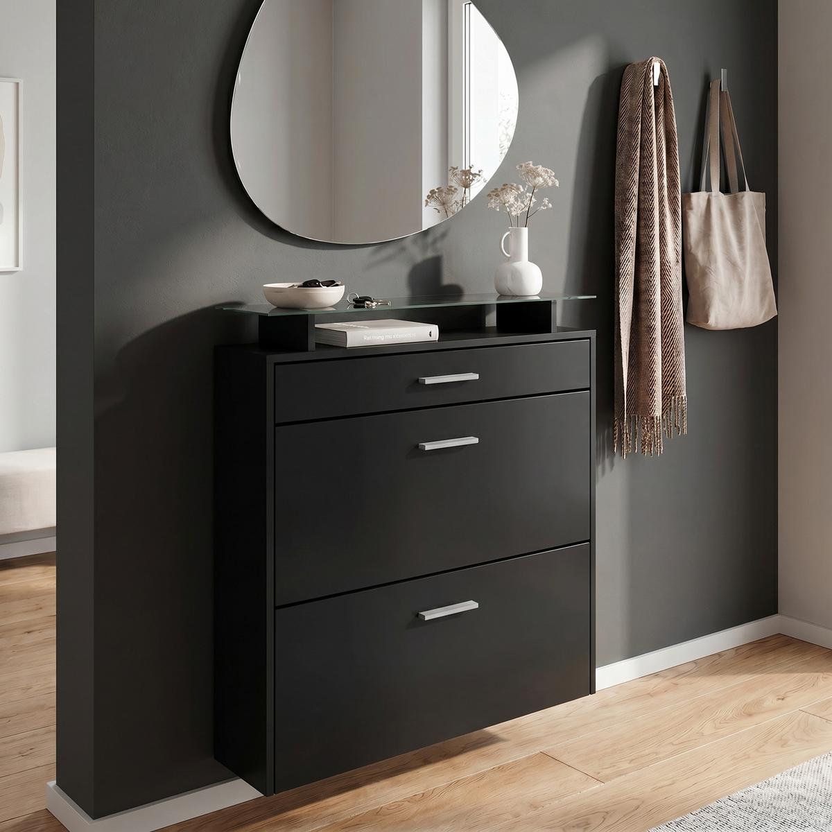 SCHUHSCHRANK Malea Front in Schwarz matt - Schwarz, Holzwerkstoff (89/96/23cm) - Vladon