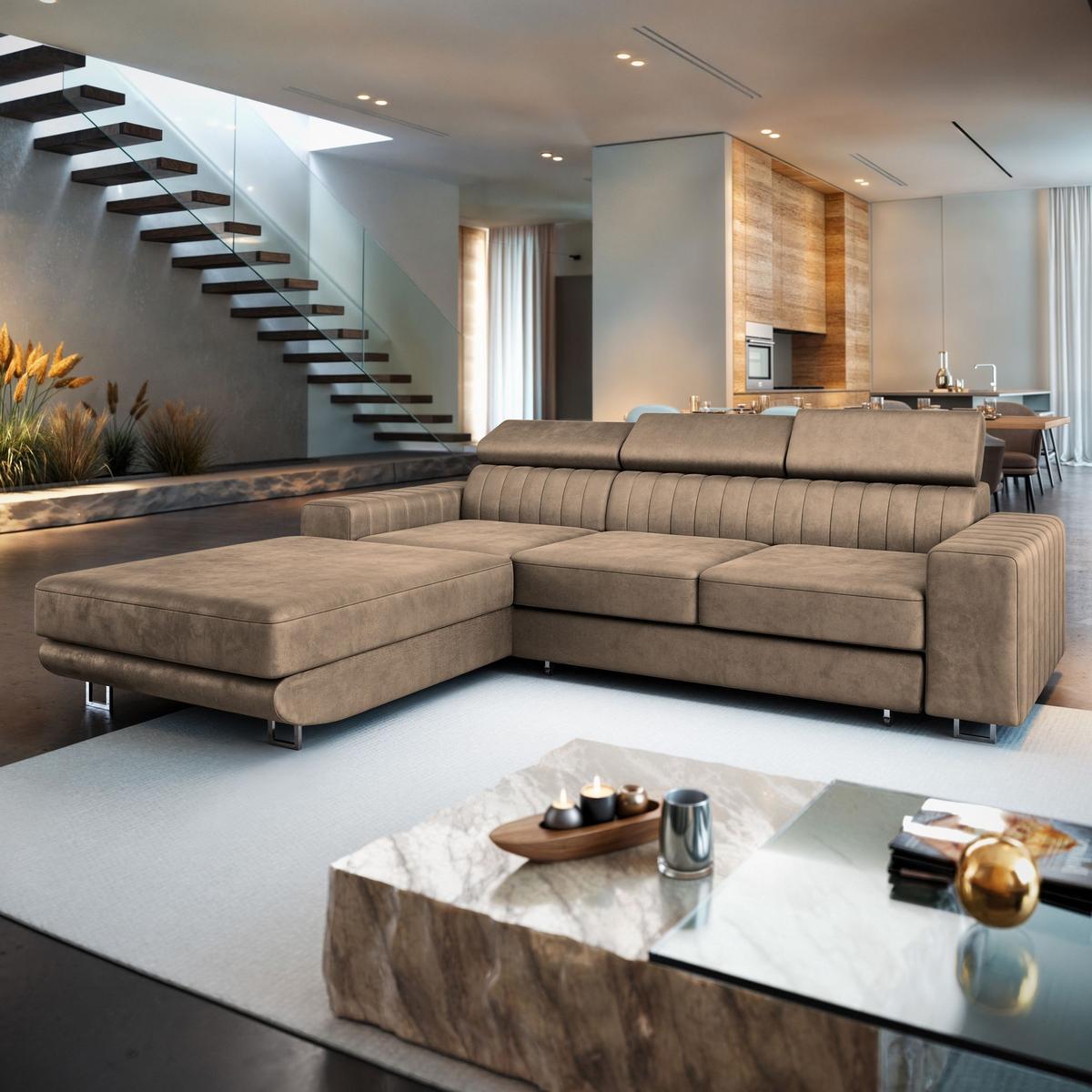 ECKSOFA NOTO L-S Beige Velours-Stoff mit Schlaffunktion - Beige/Silberfarben, Holz/Textil (267/190cm) - MASSENO