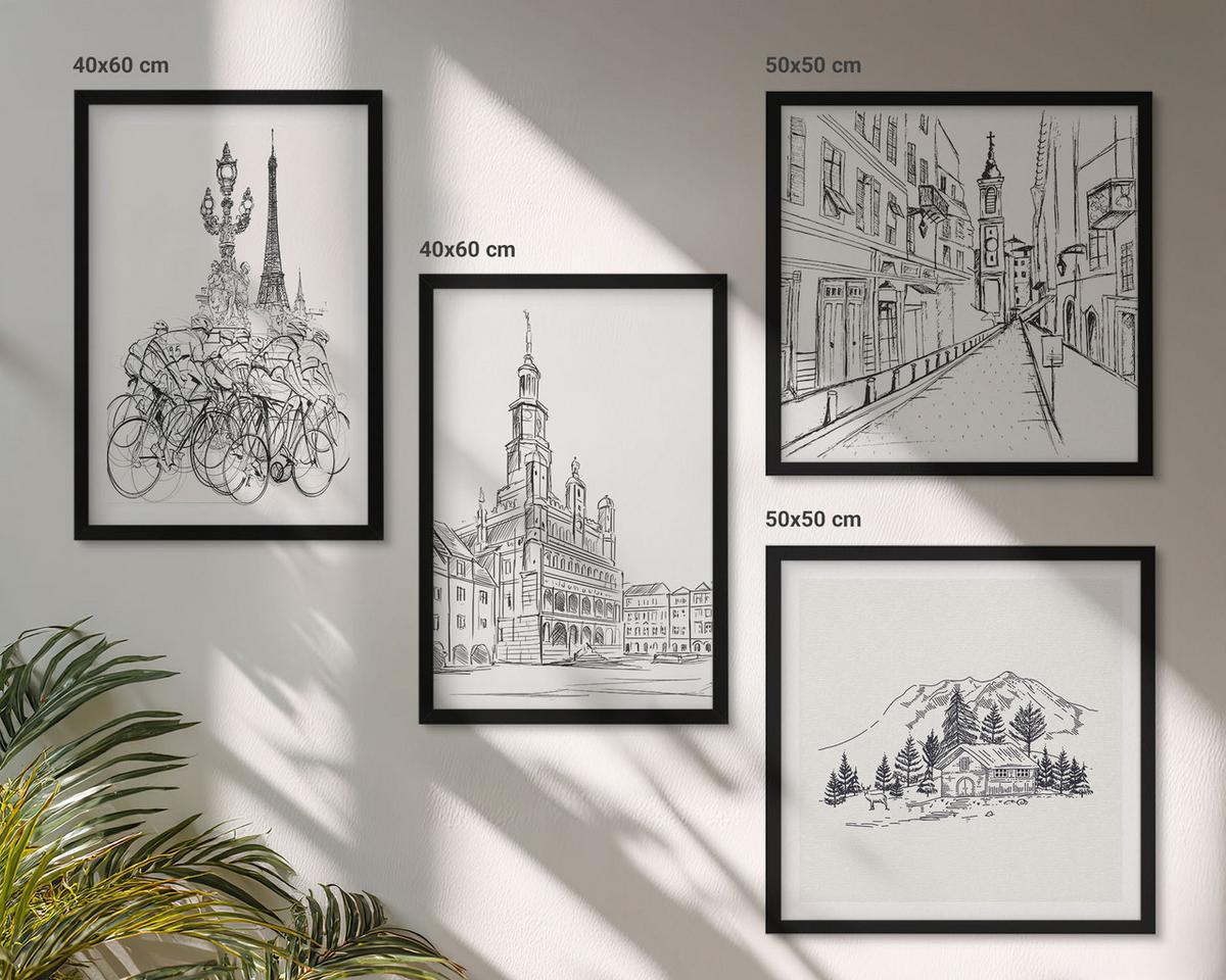 BILDER SET 4er Set - 50x50 cm & 40x60 cm Schwarzer Rahmen - Einfache Zeichnungen von Stadtansichten - Schwarz, Kunststoff (50/50cm) - TULUP