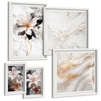 BILDER SET 5er Set - 50x50 cm & 20x30 cm & 40x60 cm Weißer Rahmen - Bilder mit blau-goldenen Mustern - Weiß, Kunststoff (40/60cm) - TULUP