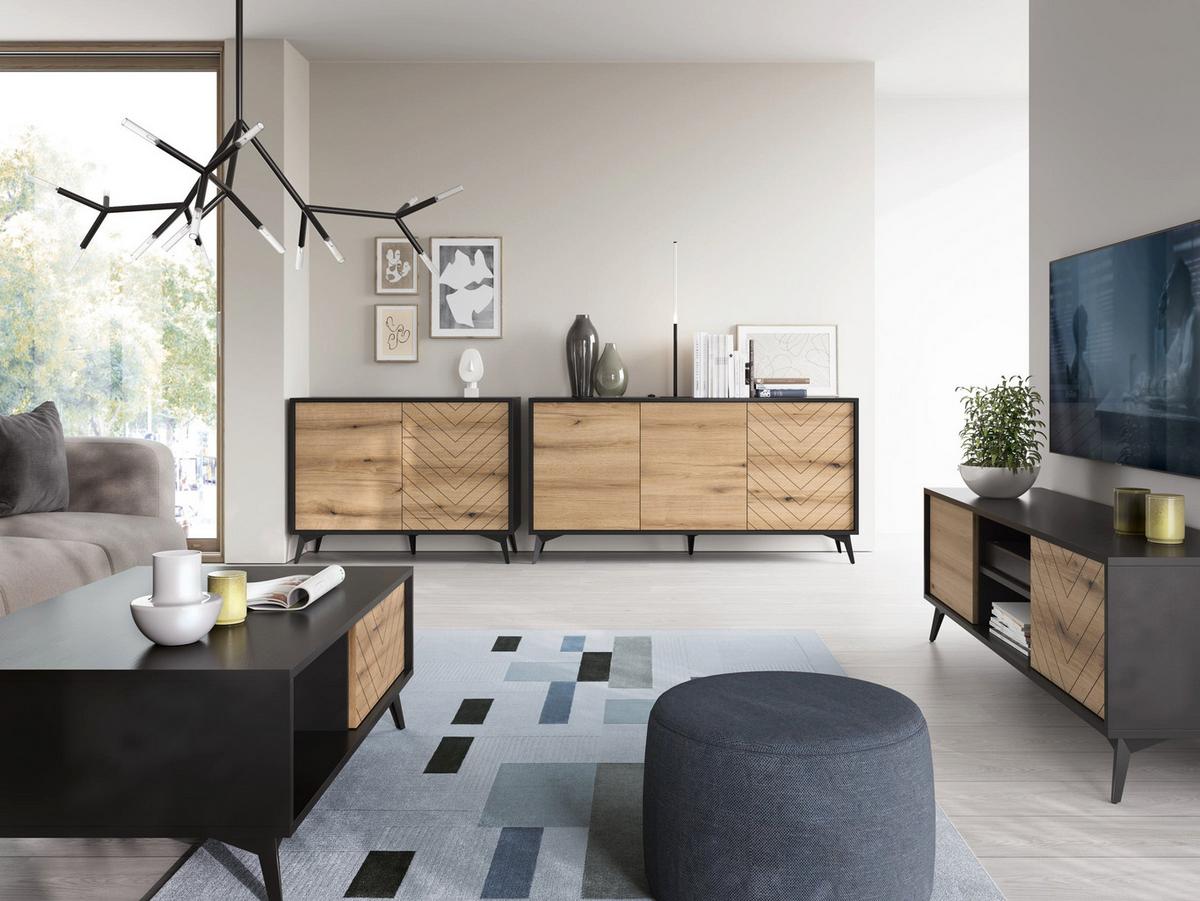 TV-SCHRANK Boulia Schwarz mit Fischgrätfronten in Eiche 154 cm - Eichefarben/Schwarz, Holzwerkstoff/Metall (154/50/39cm) - Selsey