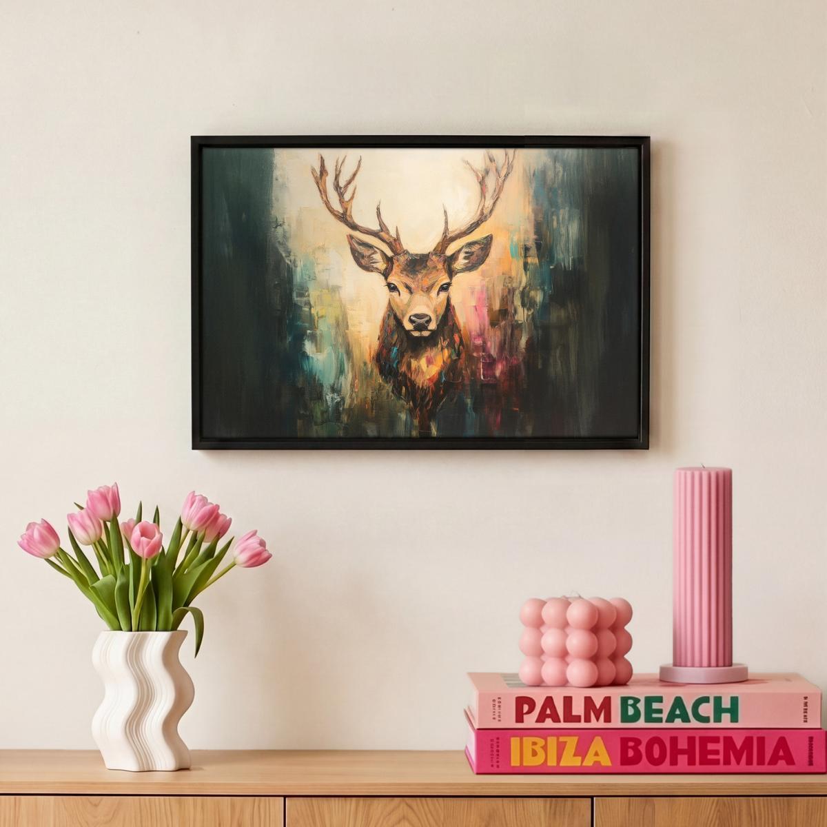 LEINWAND Bilder mit Rahmen - Hirsch - Gemalt - Geweih - Braun - 30x20 - Haselnussfarben, Textil (30/20cm) - MuchoWow