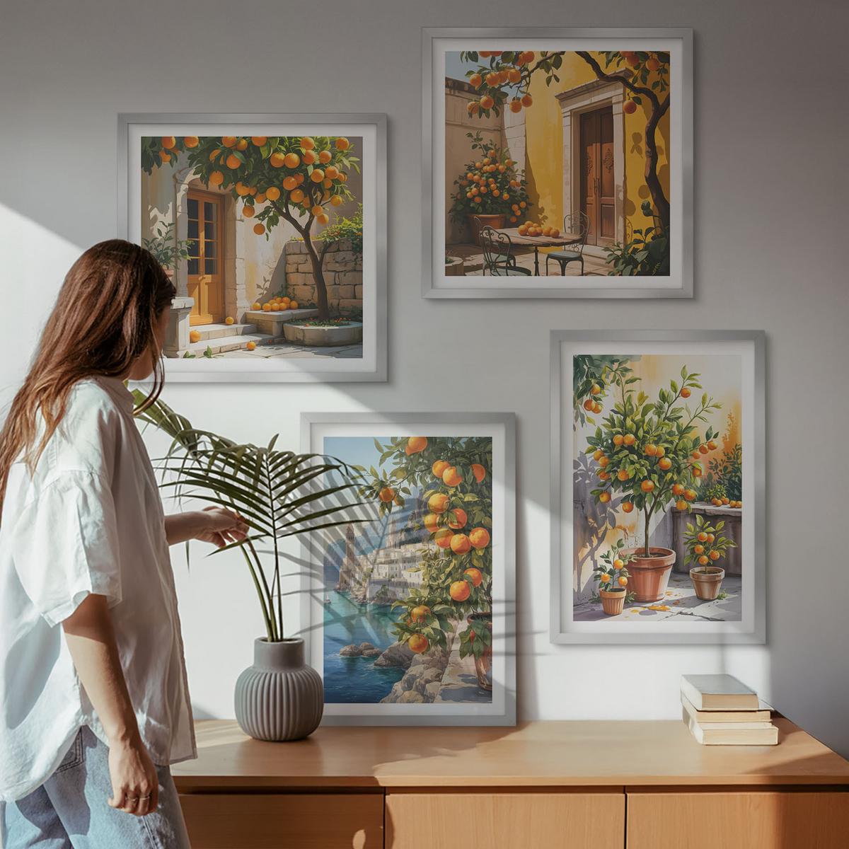 BILDER SET 4er Set - 50x50 cm & 40x60 cm Silberner Rahmen - Gemalte Zitruslandschaften - Silberfarben, Kunststoff (50/50cm) - TULUP