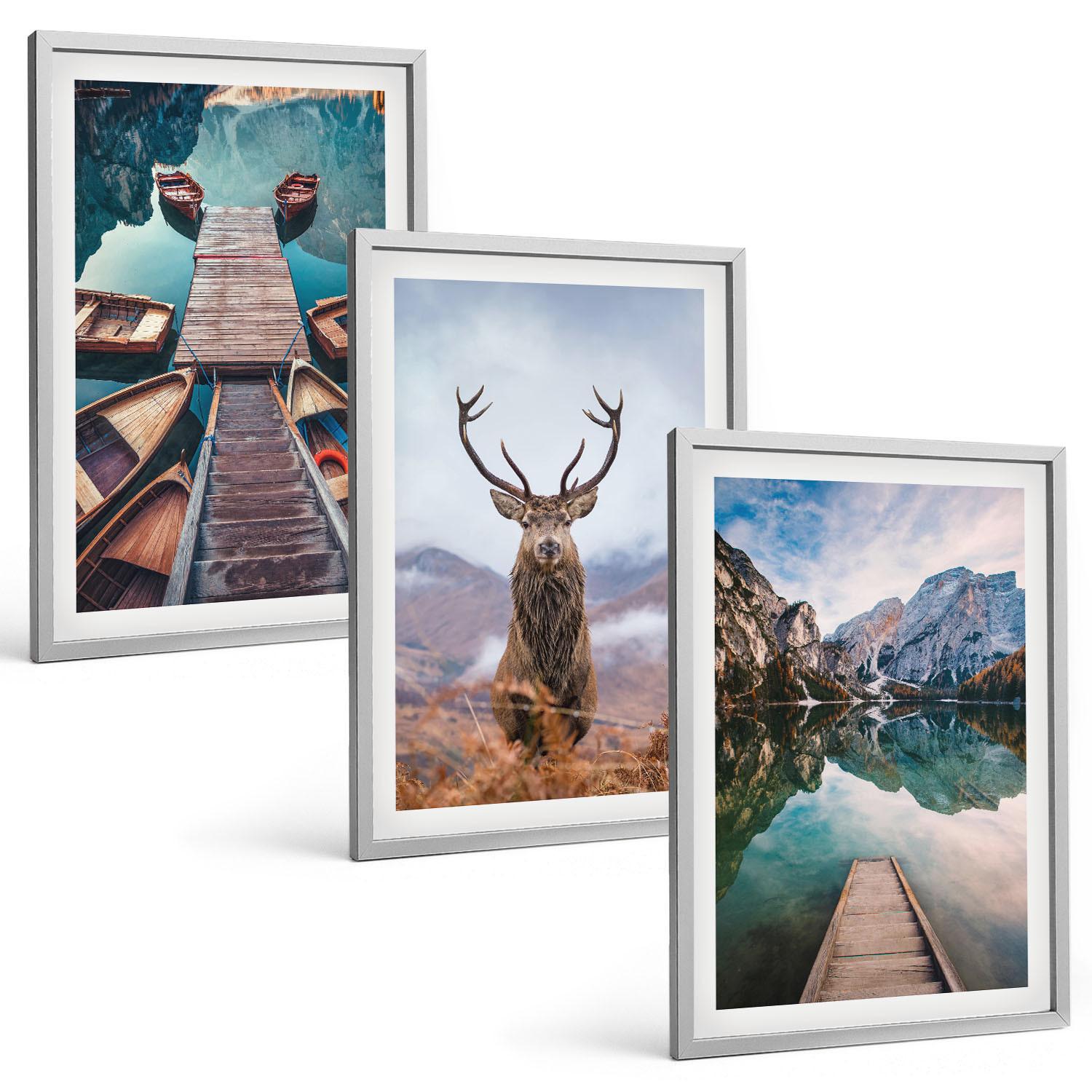 BILDER SET 3er Set - 40x60 cm Silberner Rahmen - Seeboote Hirsche Berge - Silberfarben, Kunststoff (40/60cm) - TULUP