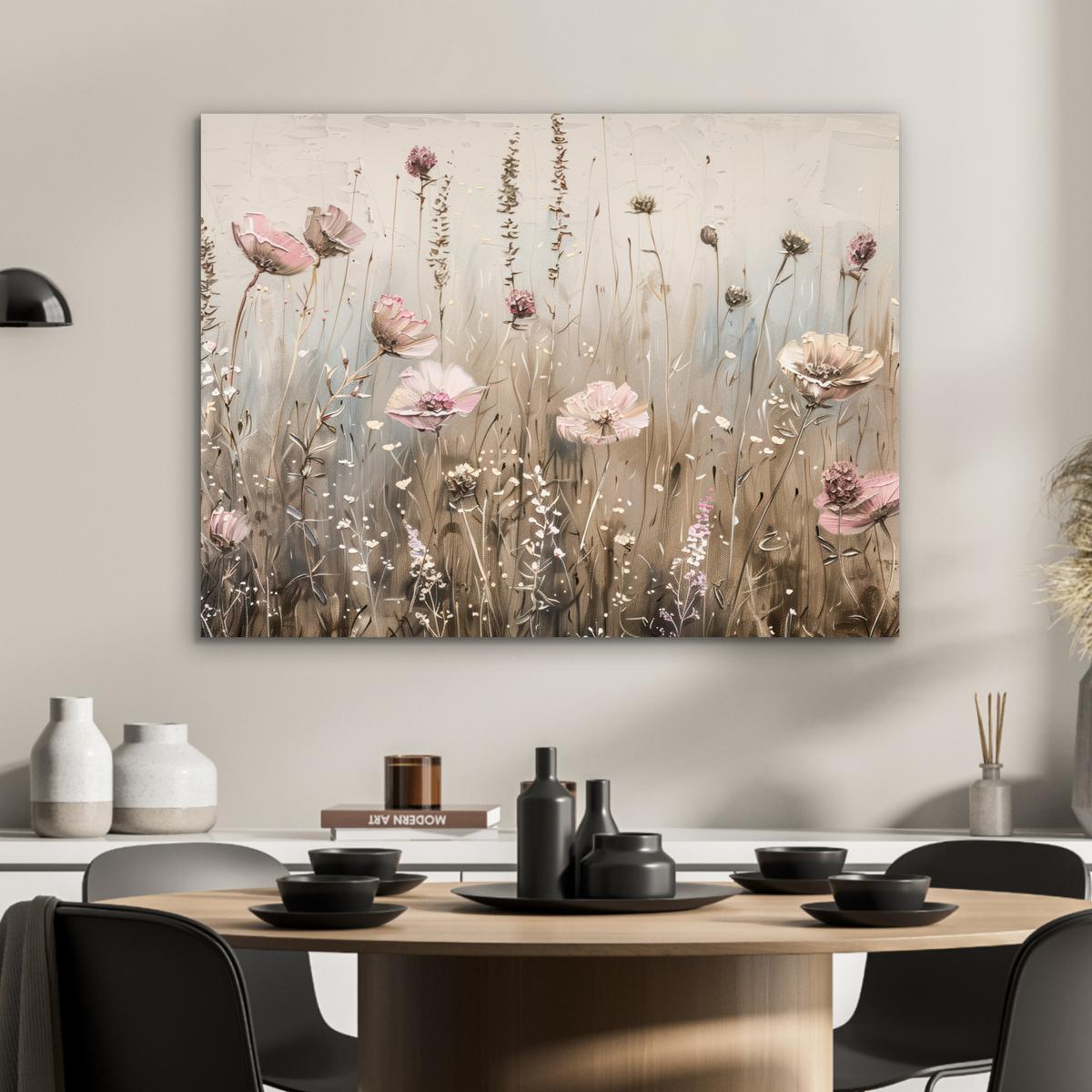 METALLBILD Blumen - Rosa - Modern - Beige 80x60 cm - Beige, Metall (80/60cm) - MuchoWow