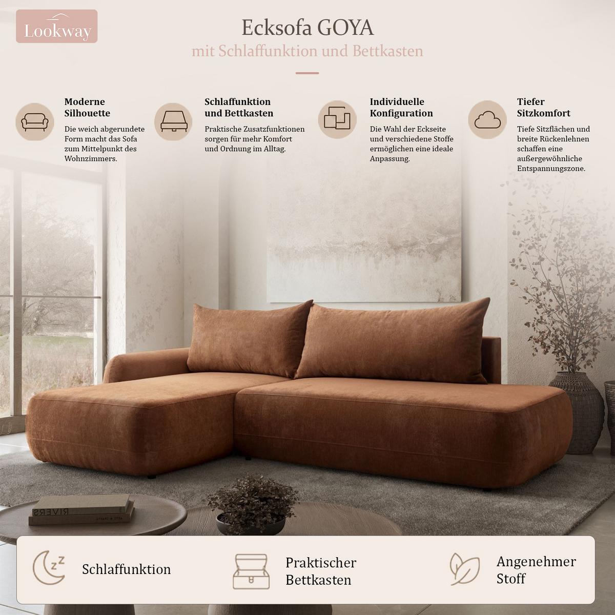 ECKSOFA GOYA mit Schlaffunktion und Bettkasten, Linke, Perfect Harmony 52 - Rotbraun, Textil (184/302cm) - Lookway