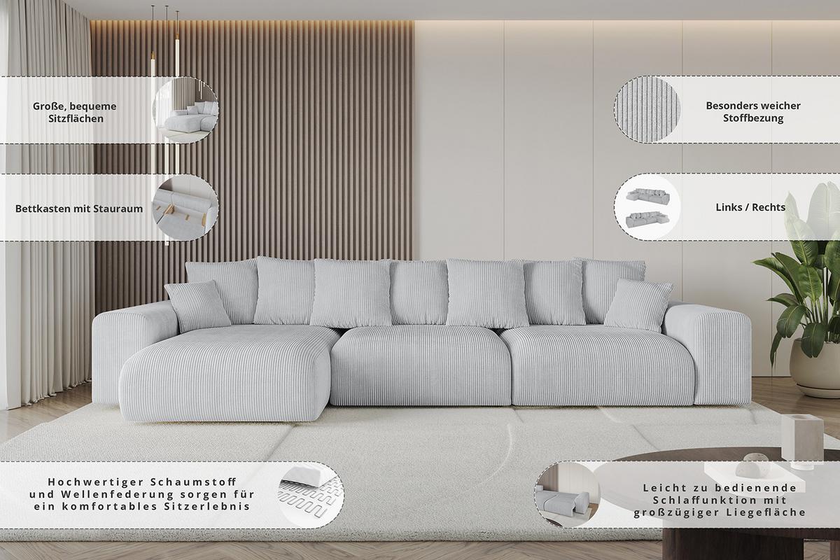 ECKSOFA Ottomane links ESKAR-L2 364x176x72 Platinfarben Bouclé - Platinfarben/Schwarz, Holzwerkstoff/Kunststoff (364/176cm) - ALTDECOR