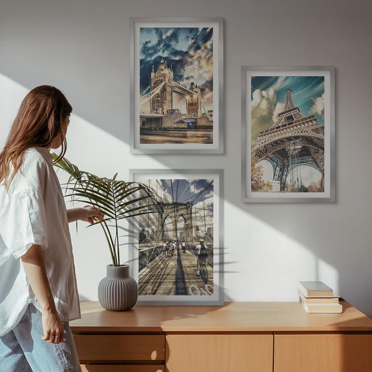 BILDER SET 3er Set - 40x60 cm Silberner Rahmen - Brücken, Türme, europäische Städte - Silberfarben, Kunststoff (40/60cm) - TULUP