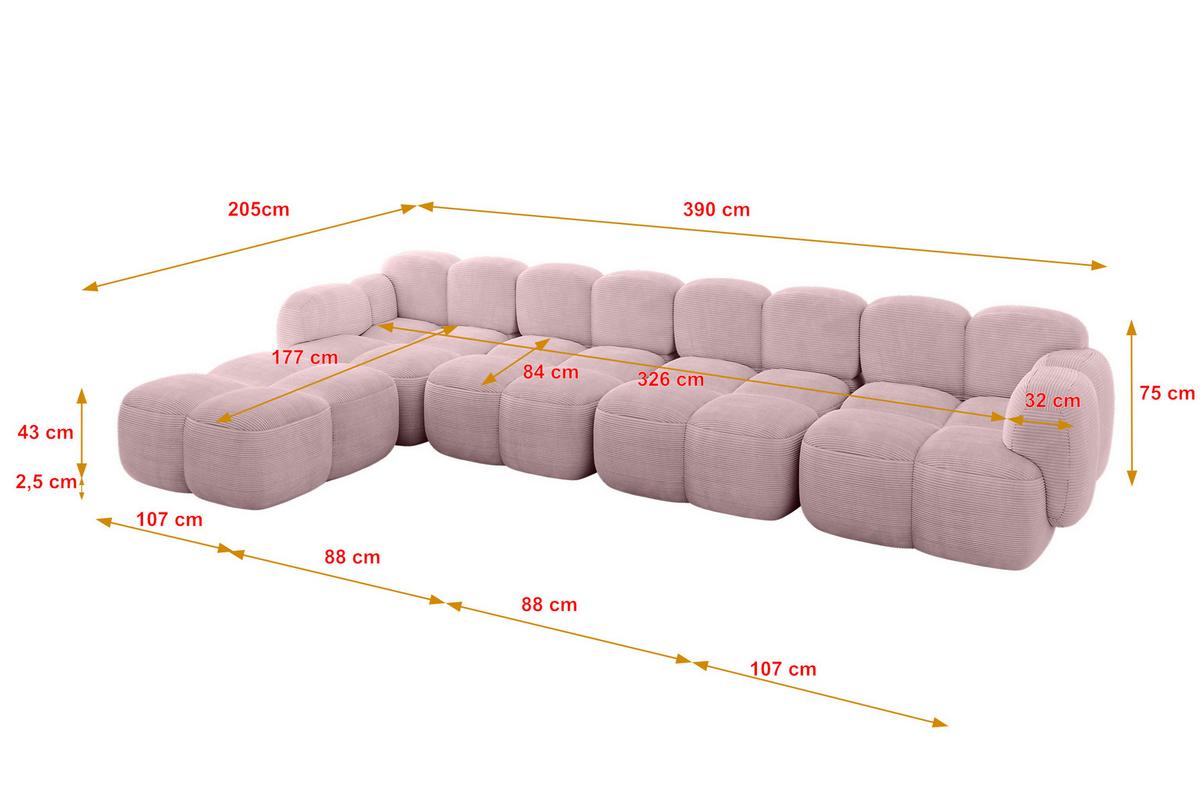 ECKSOFA modulares Sofa Links Miko-L3 390x205x75 Rosa Cord - Schwarz/Rosa, Holzwerkstoff/Kunststoff (390/205cm) - ALTDECOR