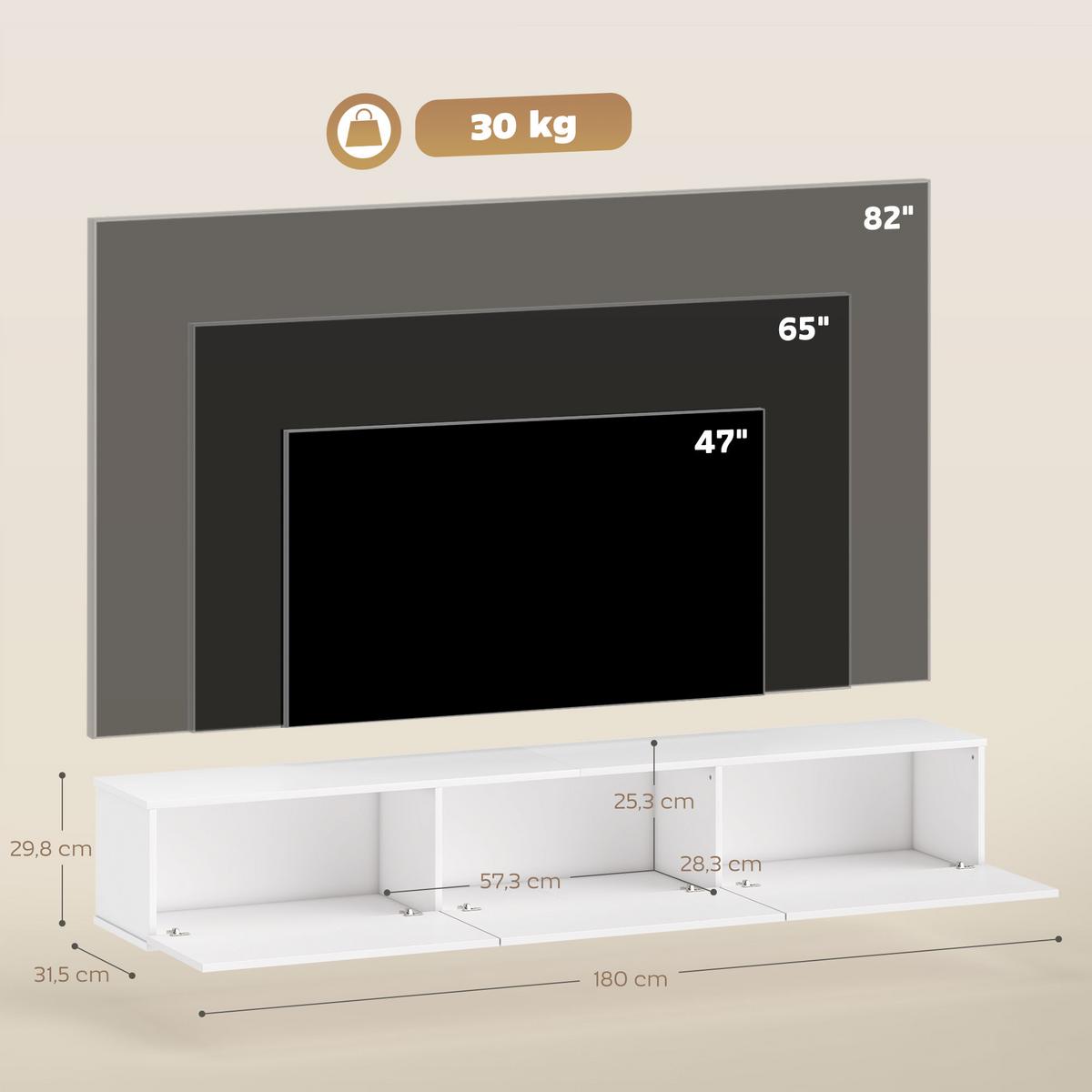 TV Schrank Lowboard hängend 180 cm für Fernseher bis zu 82 Zoll Weiß - Weiß Hochglanz/Weiß, Holzwerkstoff (31.5/29.8/180cm) - HOMCOM