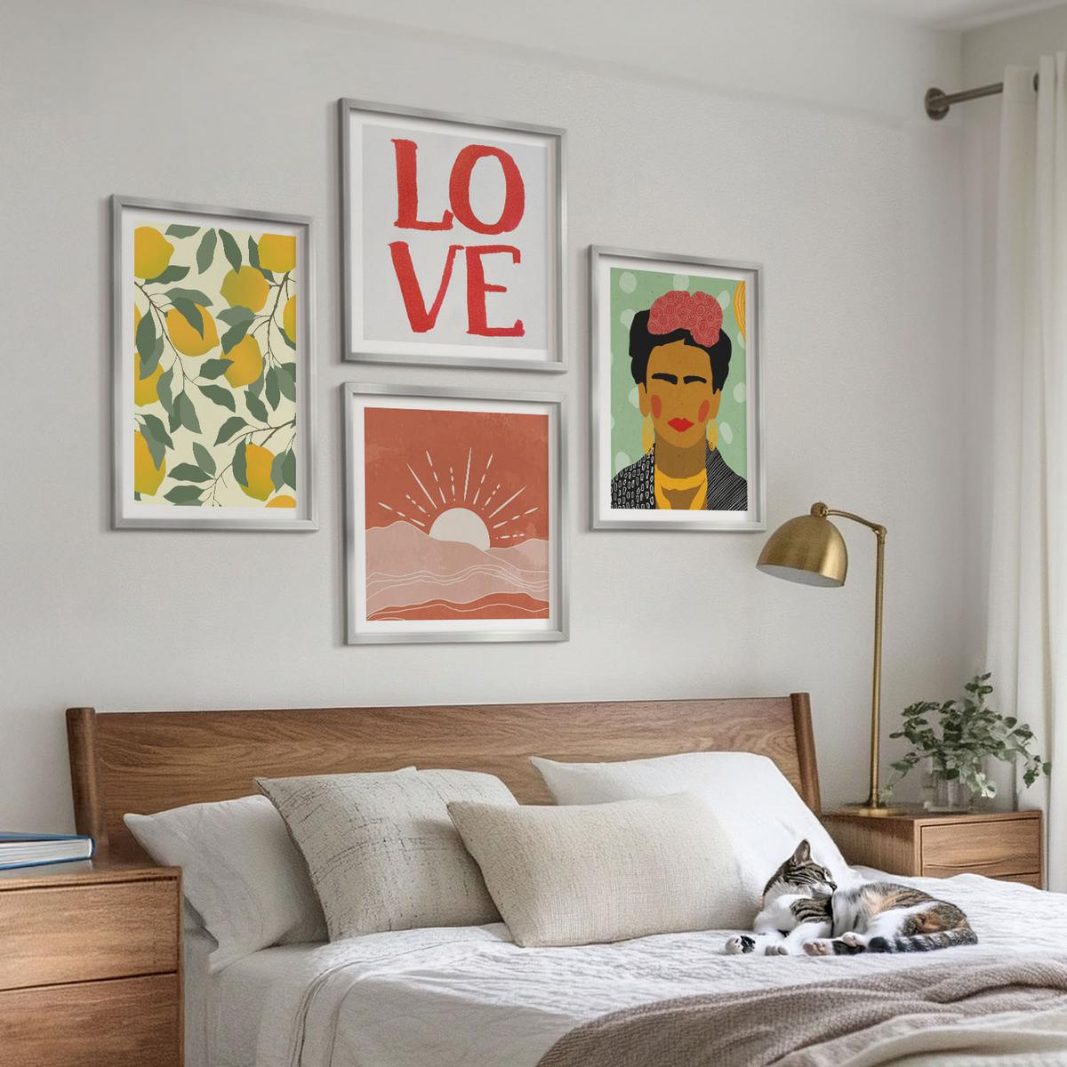 BILDER SET 4er Set - 50x50 cm & 40x60 cm Silberner Rahmen - Zitronen Inschrift Liebeslandschaft Frida - Silberfarben, Kunststoff (50/50cm) - TULUP