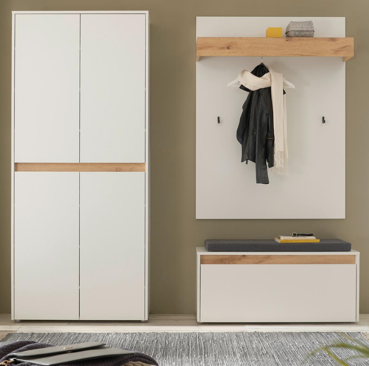GARDEROBEN-SET weiß matt, Eiche Wotan 195 cm 4-teilig, Flurgarderobe mit viel Stauraum - Eiche Wotan/Schwarz, Holzwerkstoff/Kunststoff (195/200/40cm) - Furn.Design