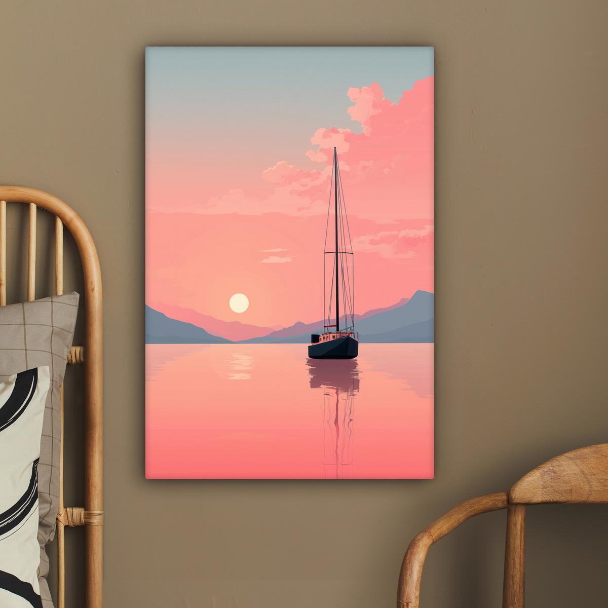 LEINWANDBILD Segelboot - Rosa Meer - Sonnenuntergang - Berge Wanddeko 40x60 cm - Rosa, Textil (40/60cm) - MuchoWow