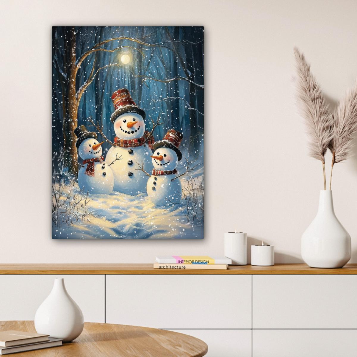 LEINWANDBILD Schneemann - Schnee - Winter - Wald Wandbild Wohnzimmer 60x80 cm - Hellblau, Textil (60/80cm) - MuchoWow