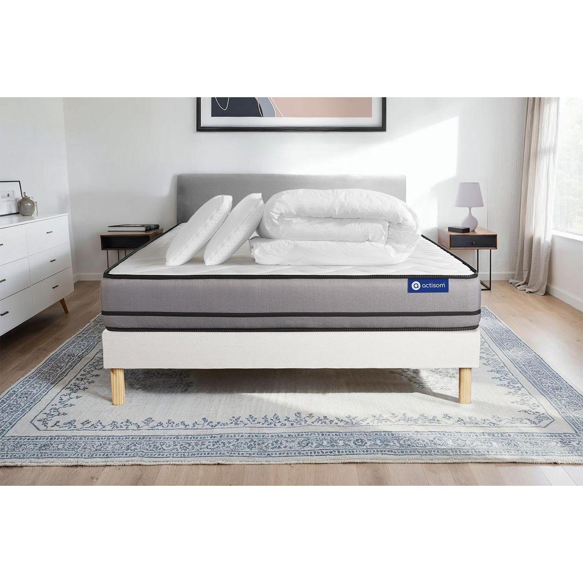 BETT Actimemo night Memory-Schaum 160 x 200 cm h4 - Kit Bettgestell Weiß - Mit Kissen und Bettdecke - Beige/Weiß, Karton/Holz (160/200cm) - ACTISOM
