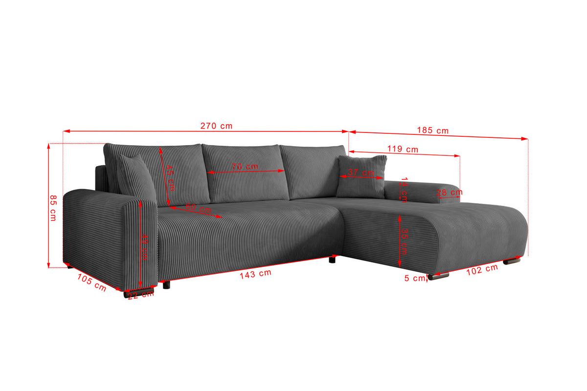 ECKSOFA Nelly mit Bettkasten und Schlaffunktion, Cordstoff in L-Form - Dunkelgrau, Textil (270/185cm)