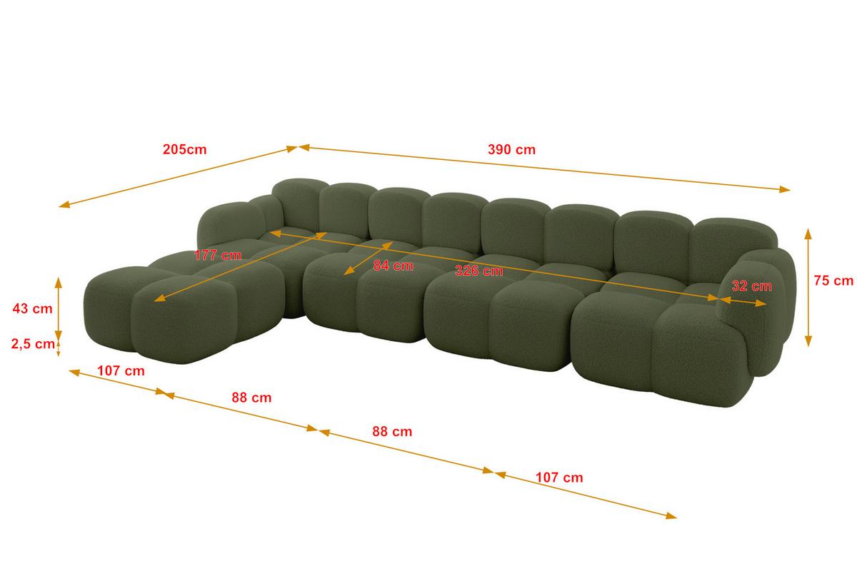 ECKSOFA modulares Sofa Links Miko-L3 390x205x75 Grün Bouclé - Smaragdgrün/Schwarz, Holzwerkstoff/Kunststoff (390/205cm) - ALTDECOR