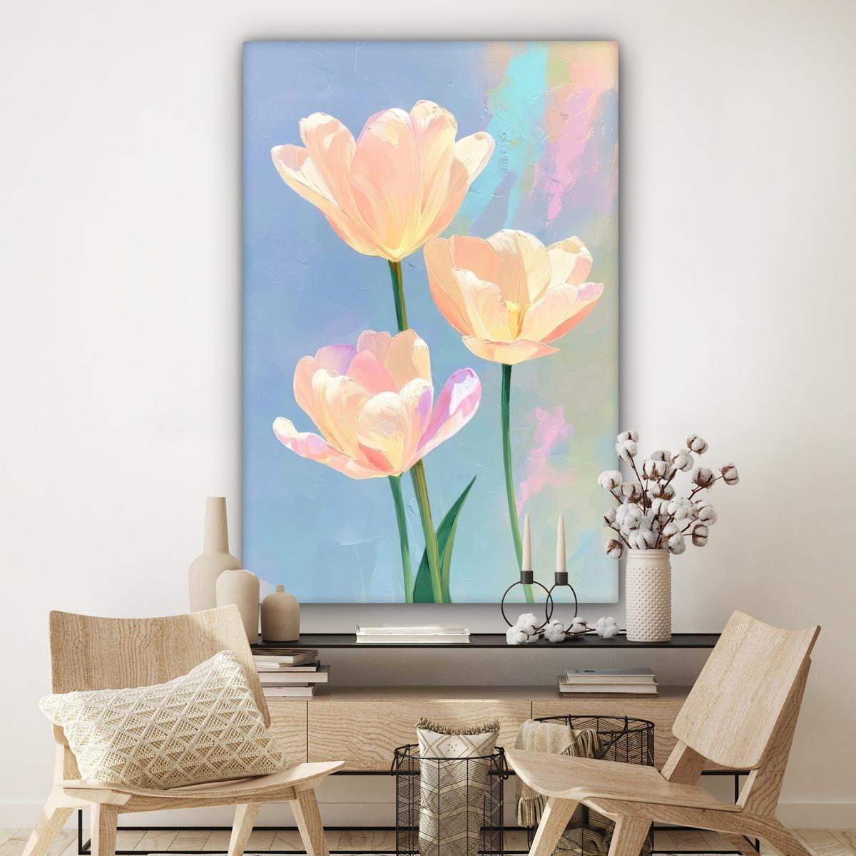 LEINWANDBILD Tulpen - Rosa Akzente - Blau Deko Groß 90x140 cm - Pastellblau, Textil (90/140cm) - MuchoWow