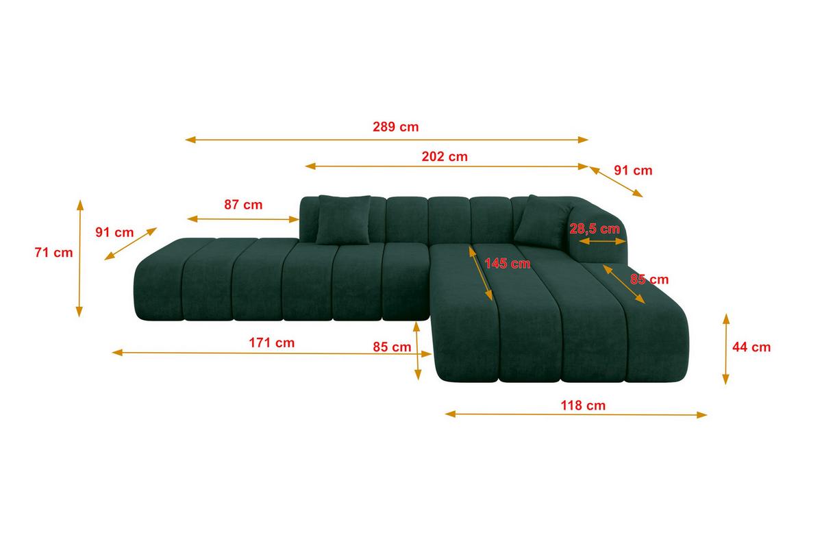 ECKSOFA Ottomane Rechts BILA-L 289x176x71 Grün Samt - Jadegrün/Schwarz, Holzwerkstoff/Kunststoff (289/176cm) - ALTDECOR