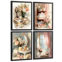 POSTER 4er-Set dekorative Badezimmerdrucke, romantischer Stil, Bilder mit Blumen, Parfums und Schminktisch, elegante, Schwarzer Rahmen A4 - Schwarz, Papier (29.7/21/3cm) - Nacnic