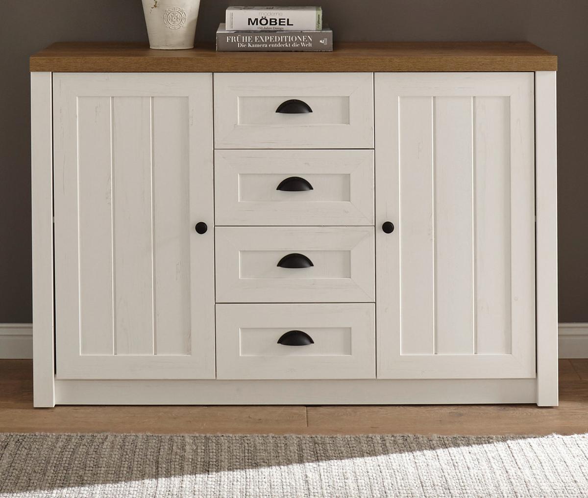 SIDEBOARD weiß Pinie, Eiche hell Landhaus, Kommode 130 x 88 cm - Eichefarben/Schwarz, Holzwerkstoff/Metall (130/86/43cm) - Furn.Design