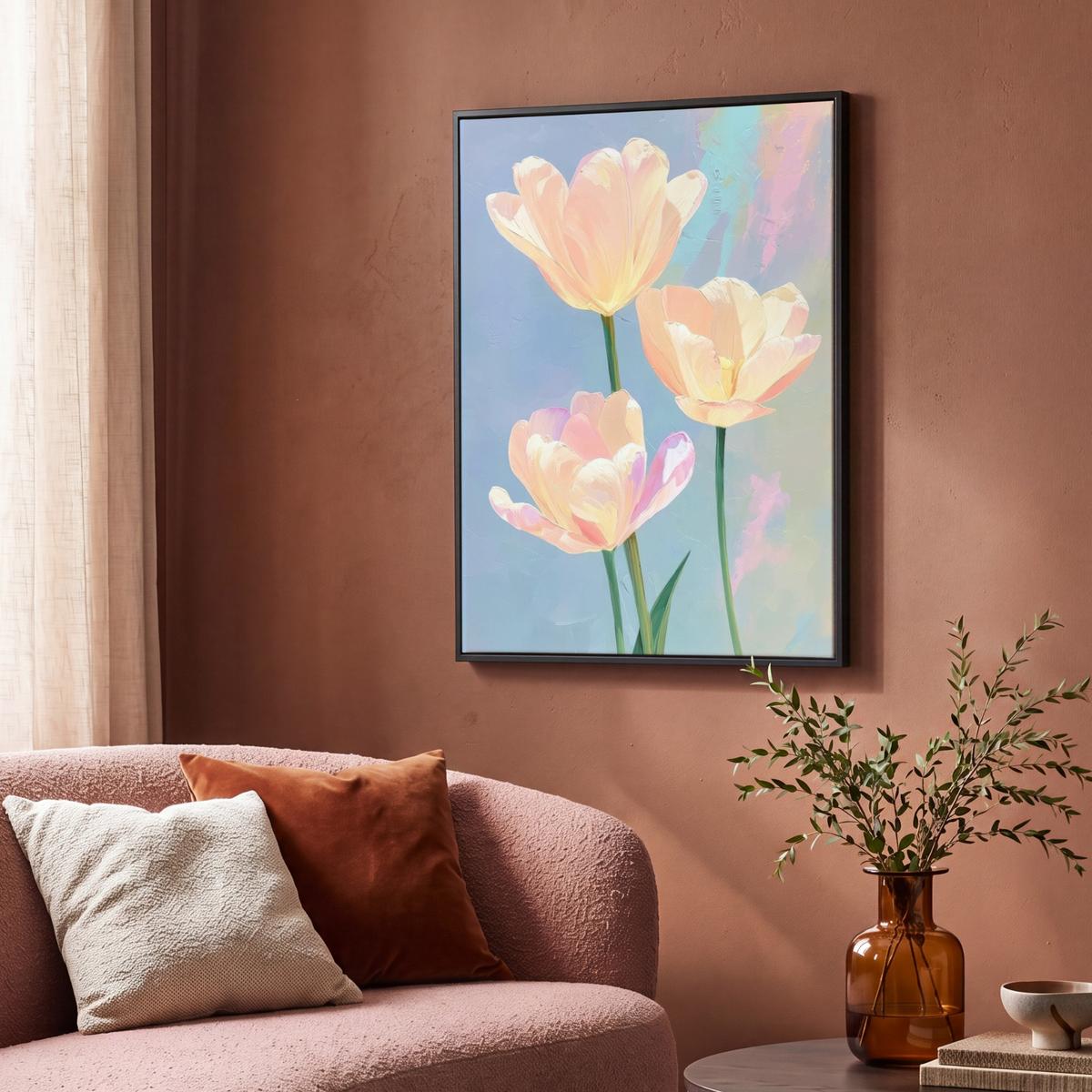 LEINWAND Bilder mit Rahmen - Tulpen - Rosa Akzente - Blau - 70x100 - Pastellblau, Textil (70/100cm) - MuchoWow