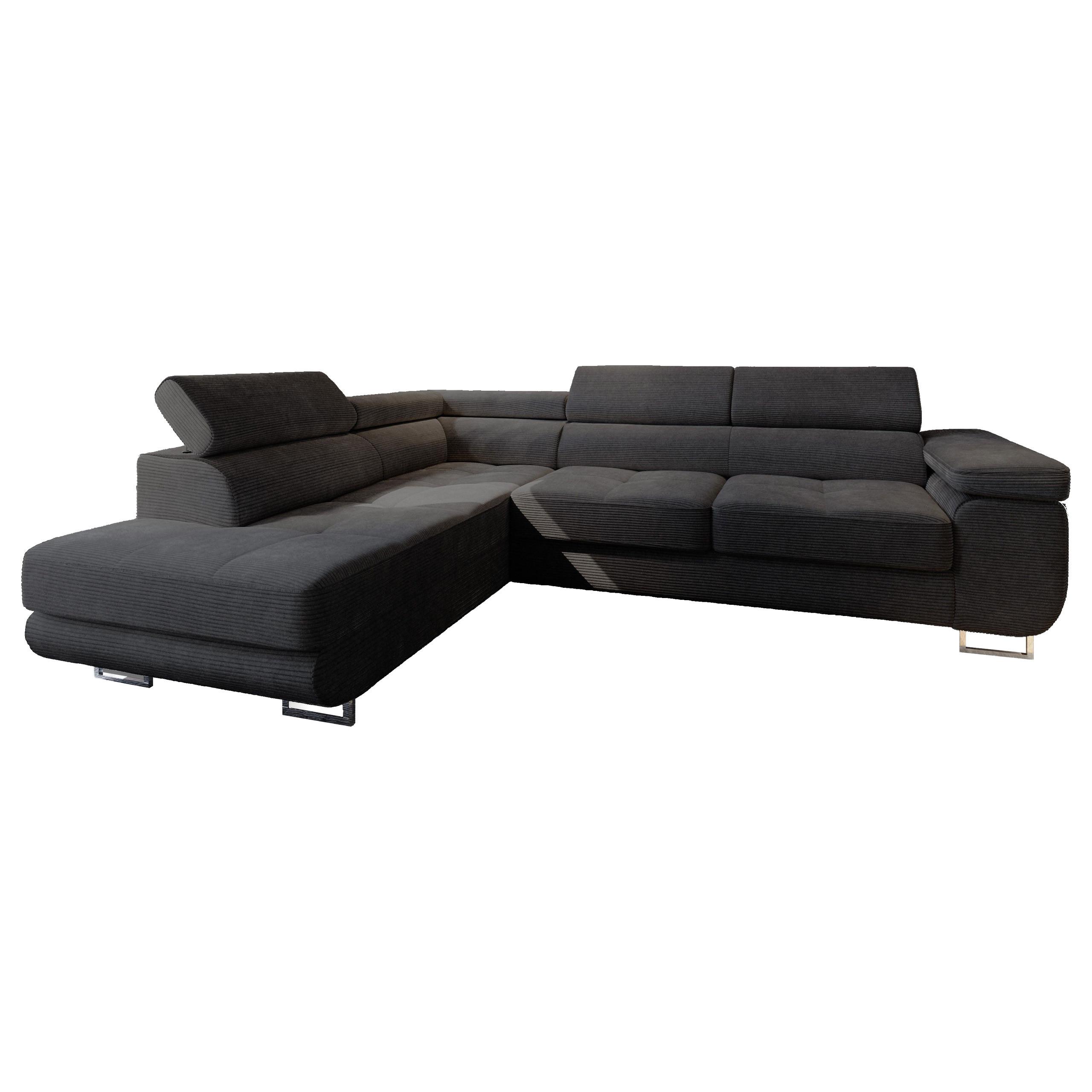 ECKSOFA APIRO L-S Schwarz Kordstoff mit Schlaffunktion - Silberfarben/Schwarz, Holz/Textil (276/202cm) - MASSENO
