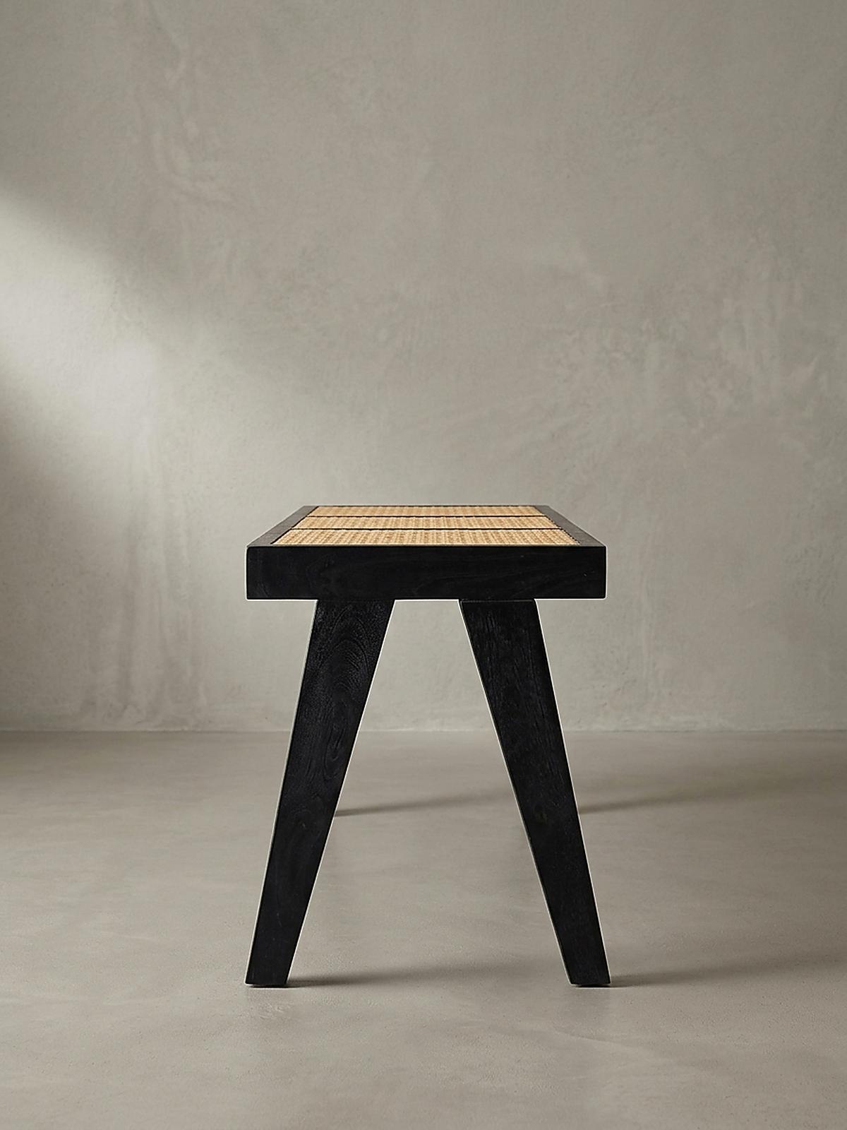 SITZBANK SILVES, Rattan, Schwarz-Natur, 120 x 38 x 48 cm - Beige/Schwarz, Akazienholz/Naturmaterialien (120/48/38cm) - KADIMA DESIGN