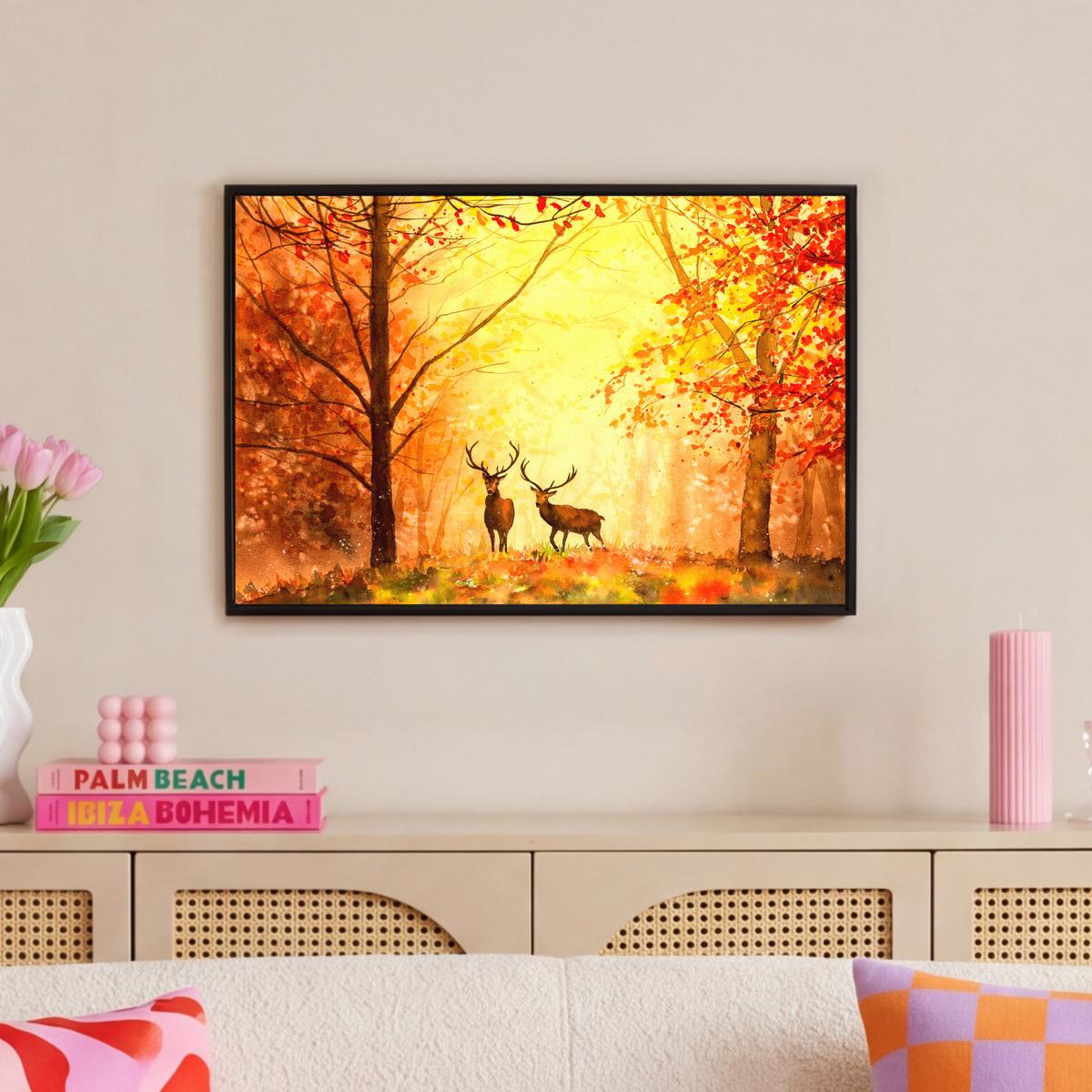 LEINWAND Bilder mit Rahmen - Natur - Ölfarbe - Hirsche - Tiere - Herbst - Orange - 60x40 - Orange, Textil (60/40cm) - MuchoWow