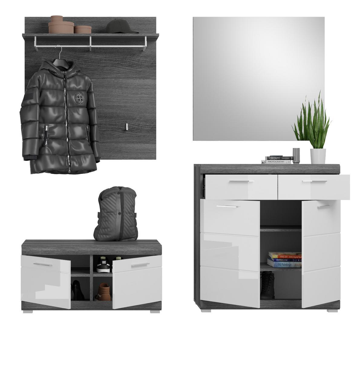 GARDEROBE Set 4-teilig weiß Hochglanz, grau, Komplettset mit Schuhkommode - Chromfarben/Weiß Hochglanz, Holzwerkstoff/Kunststoff (195/197/40cm) - Inn.Furn