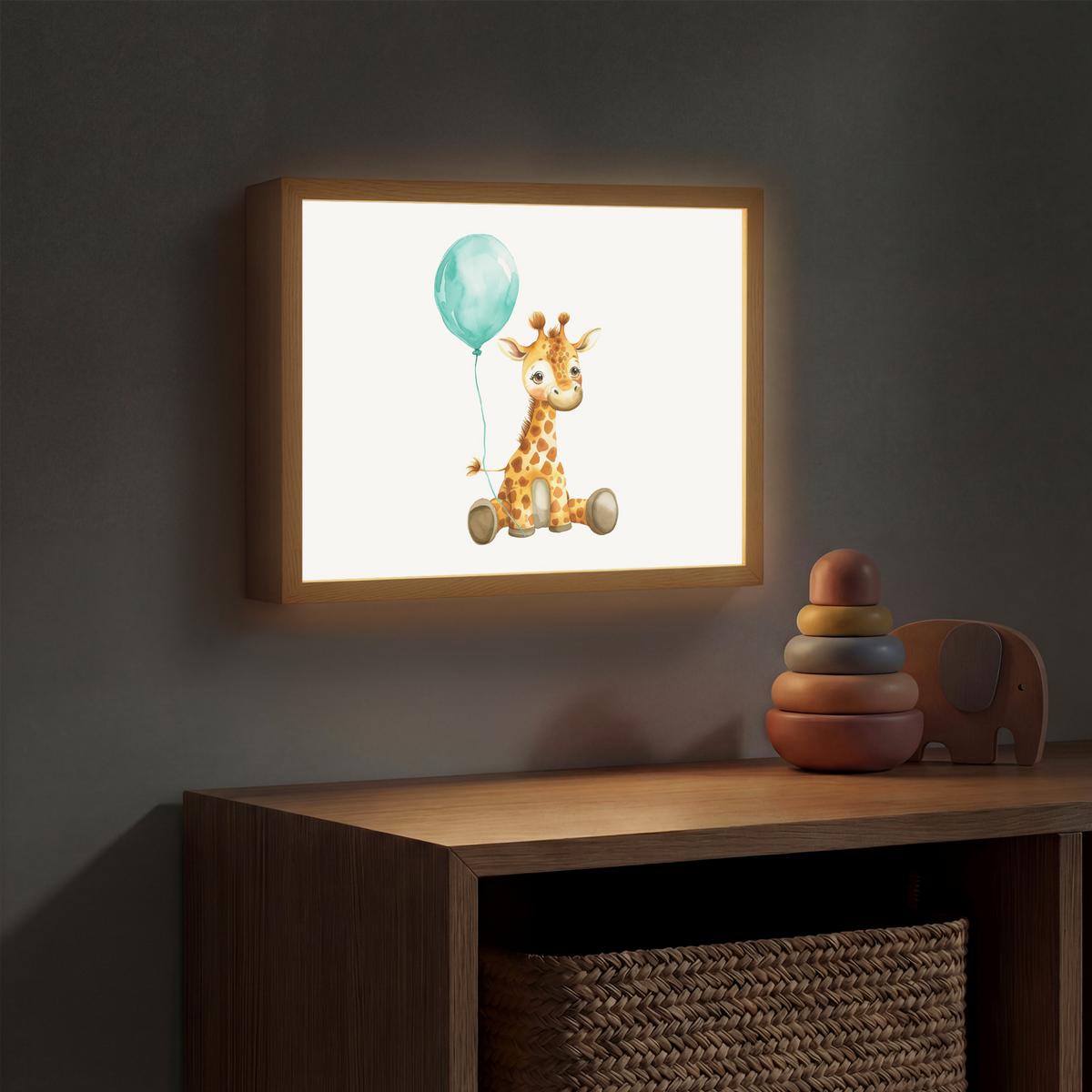 WANDLEUCHTE MIT AKKU Giraffe - Baby - Tiere - Blauer Ballon 40x30 cm - Weiß, Holzwerkstoff (40/30/8cm) - OnlyWow