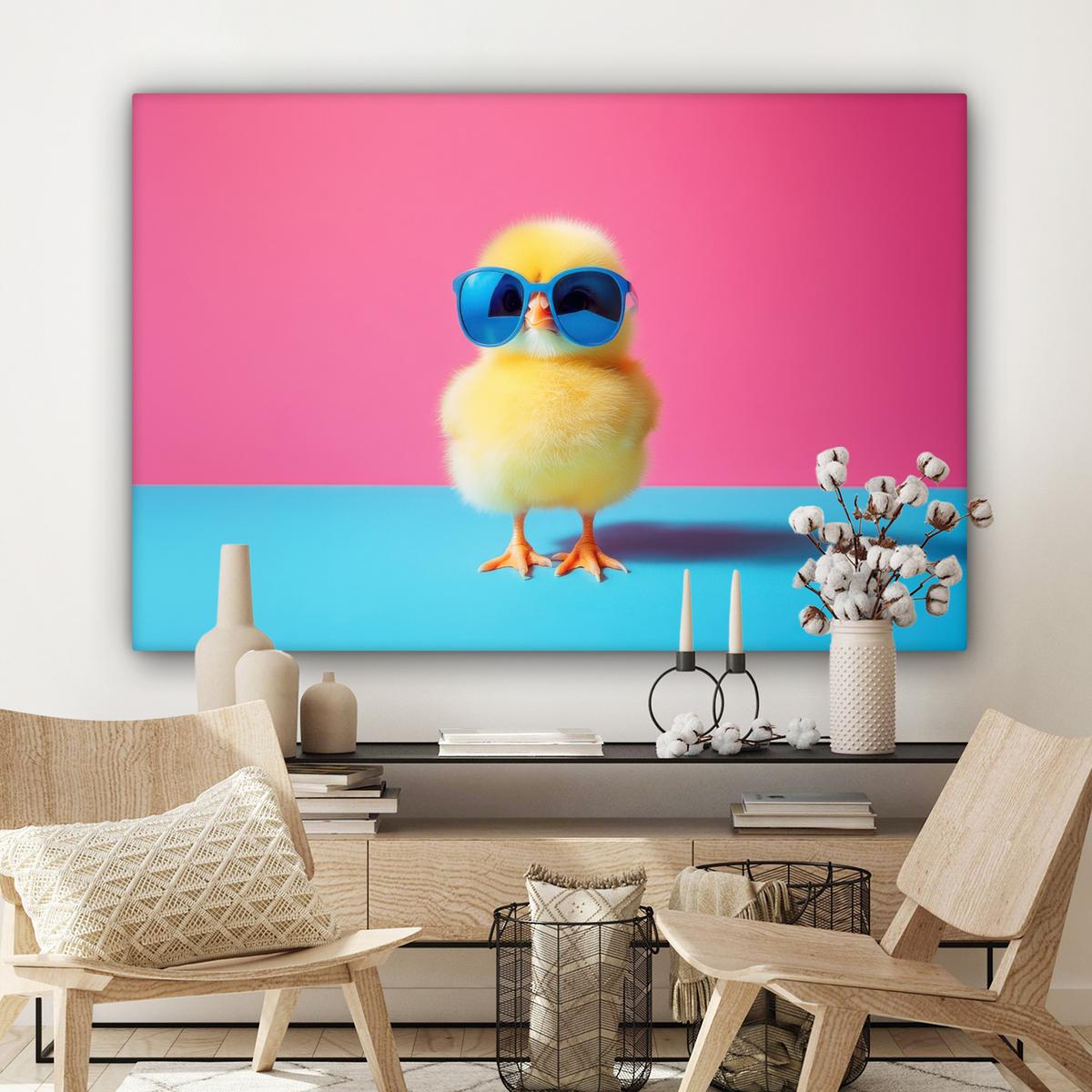 LEINWANDBILD Chick - Sonnenbrille - Blau Groß 140x90 cm - Pink/Gelb, Textil (140/90cm) - MuchoWow