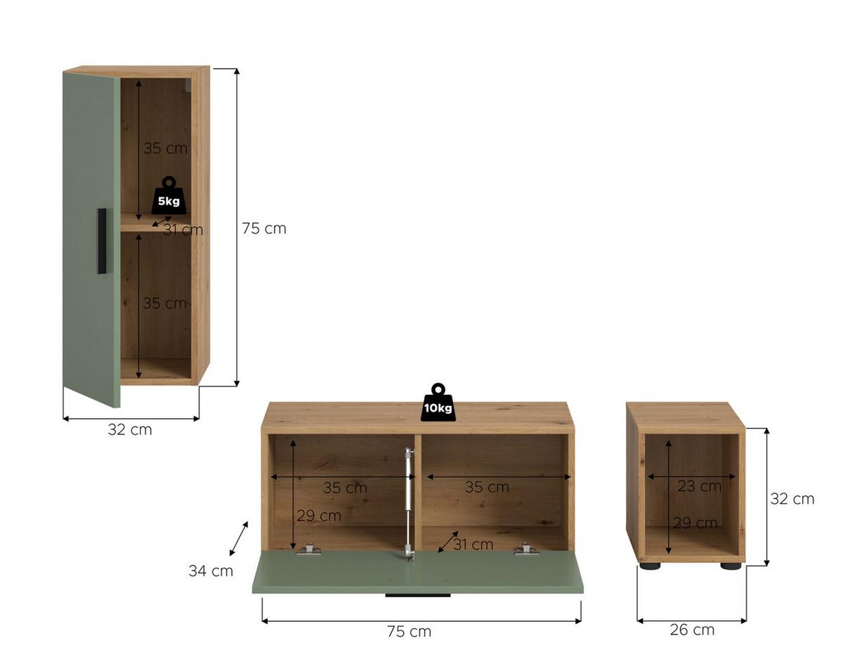 TV-LOWBOARD Grün, Eiche Artisan 176 cm, TV Unterteil hängend / stehend - Schwarz/Eiche Artisan, Holzwerkstoff/Kunststoff (176/32/34cm) - Inn.Furn