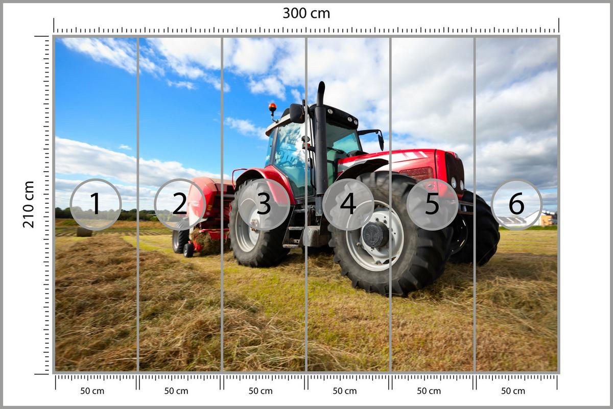 FOTOTAPETE Roter Traktor Feld Ernte Landwirtschaft Rustikal 300x210 - Gelb/Rot, Papier (300/210cm) - Muralo
