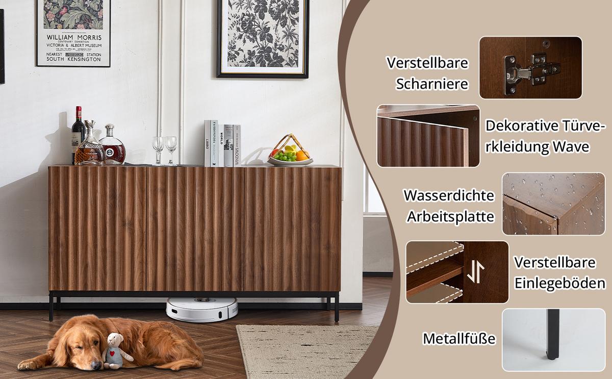 SIDEBOARD mit 2 verstellbaren Regalen und Wellen-Tür-Design - Braun, Holzwerkstoff/Metall (150/80/40cm) - Urban Meuble