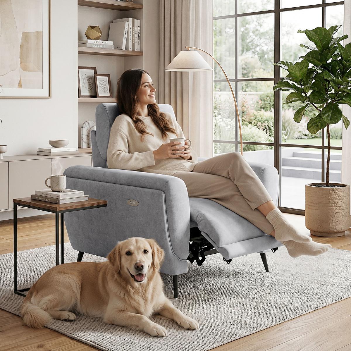 RELAXSESSEL Comfort, mit elektrischer Verstellung und verstellbarer Kopfstütze, Hellgrau - Hellgrau/Schwarz, Textil (103/97/102cm) - Beautysofa