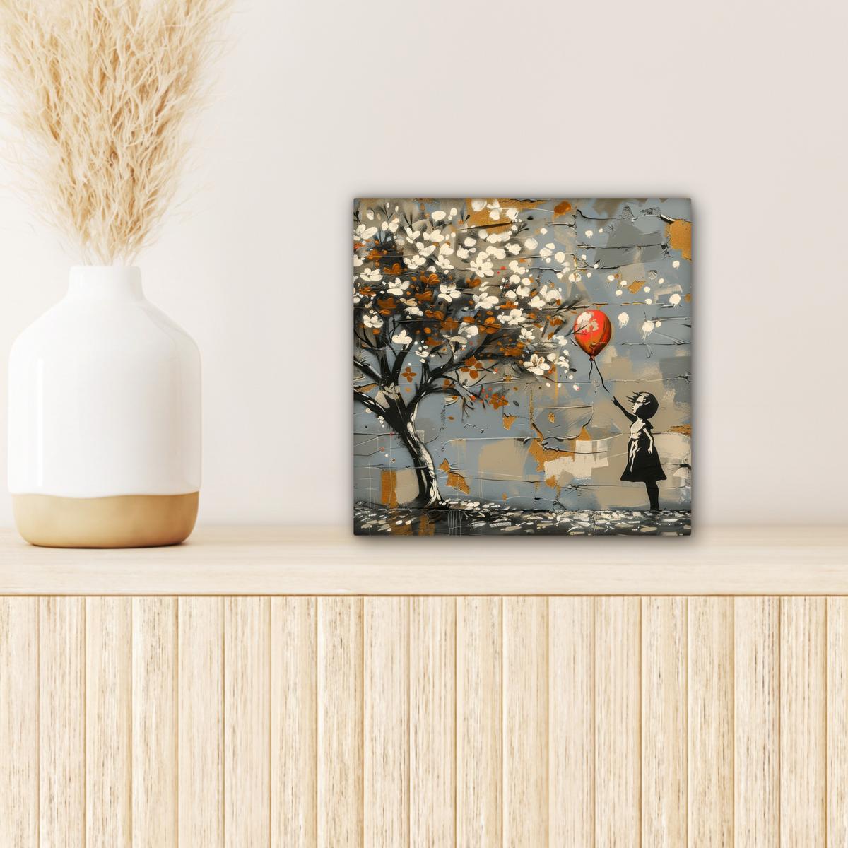 LEINWANDBILD Baum - Graffiti - Banksy-Stil - Ballon-Mädchen Deko Wohnzimmer 20x20 cm - Blaugrau, Textil (20/20cm) - MuchoWow