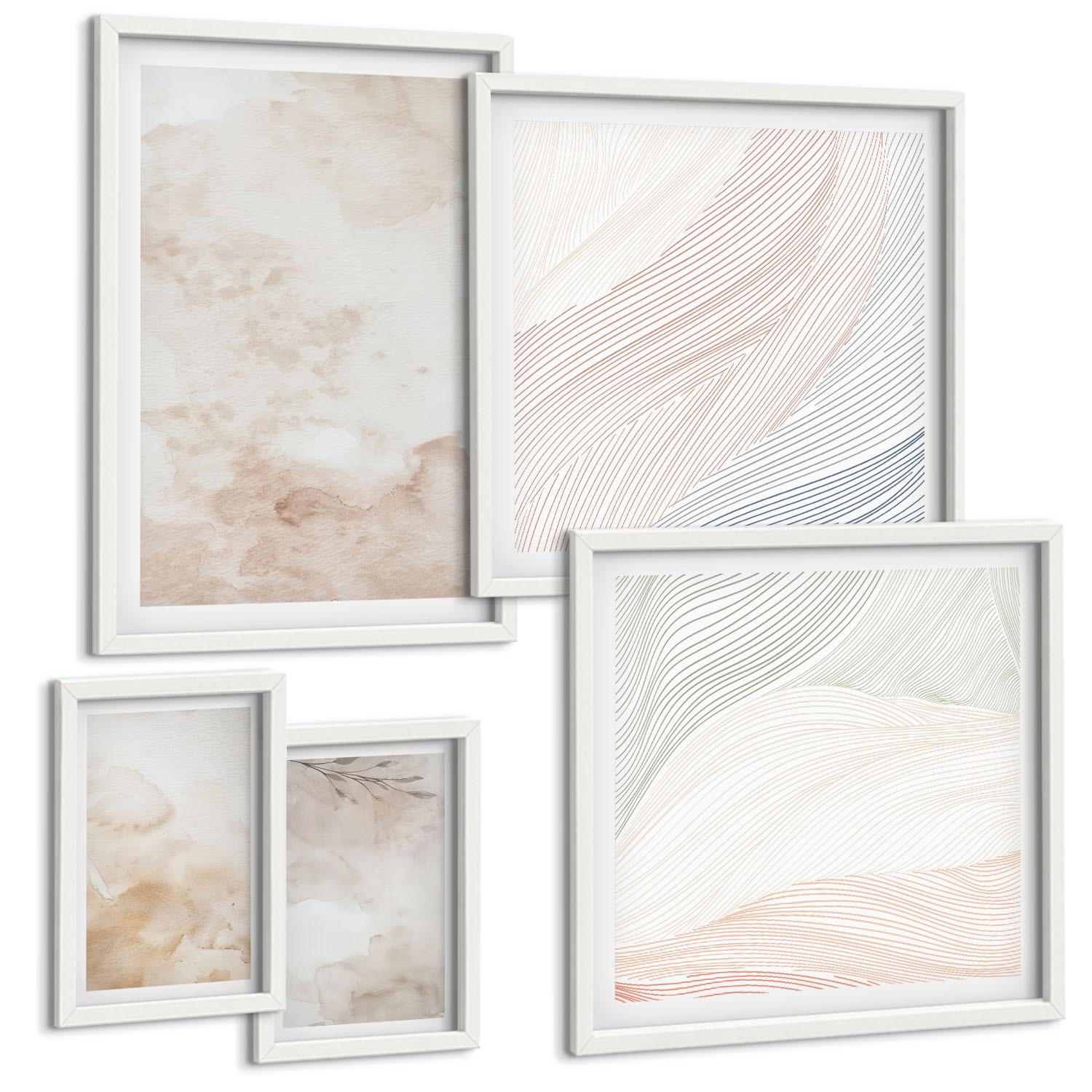 BILDER SET 5er Set - 50x50 cm & 20x30 cm & 40x60 cm Weißer Rahmen - Aquarellblätter in Pastellfarben - Weiß, Kunststoff (40/60cm) - TULUP