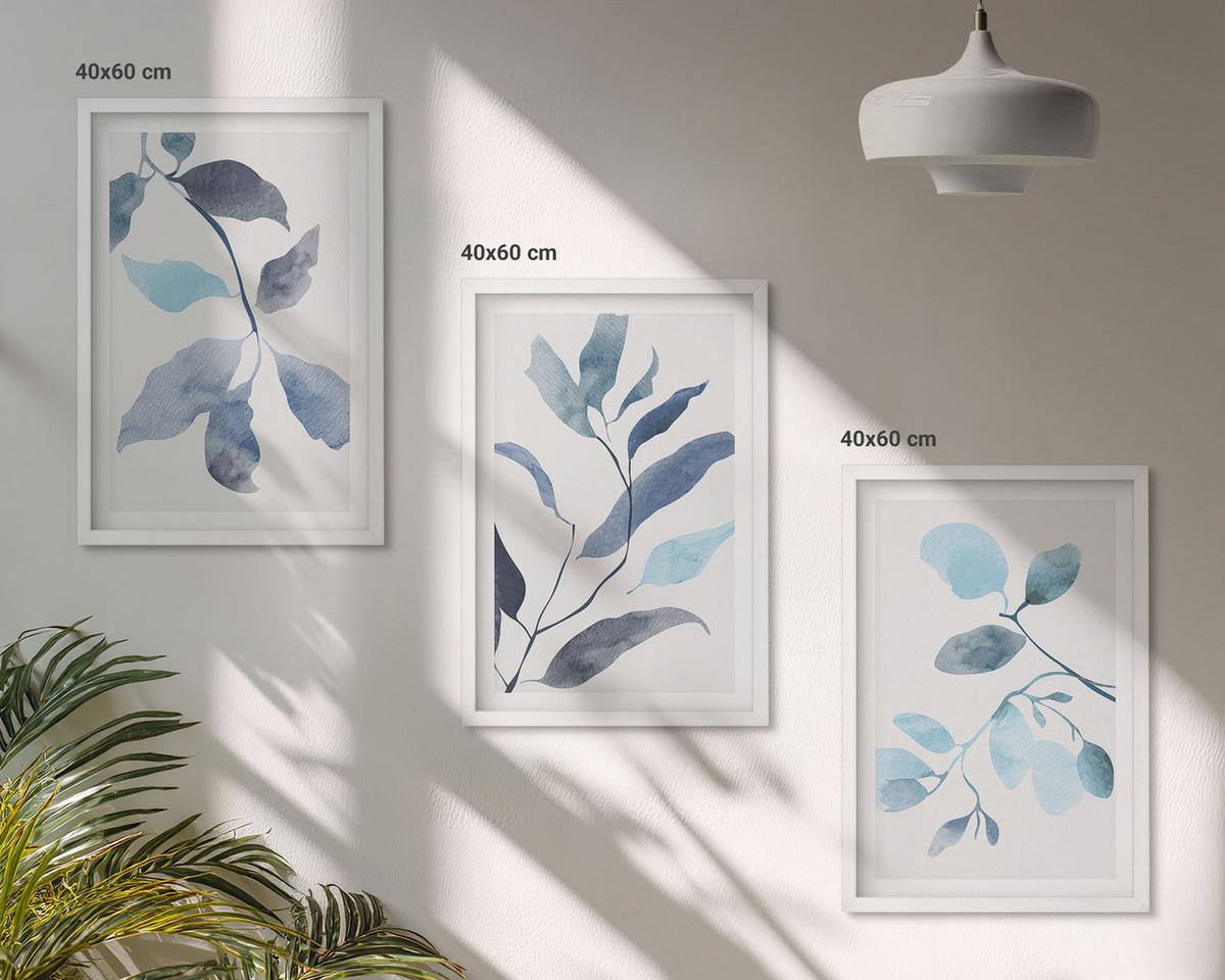 BILDER SET 3er Set - 40x60 cm Weißer Rahmen - Aquarell von blauen Blättern - Weiß, Kunststoff (40/60cm) - TULUP