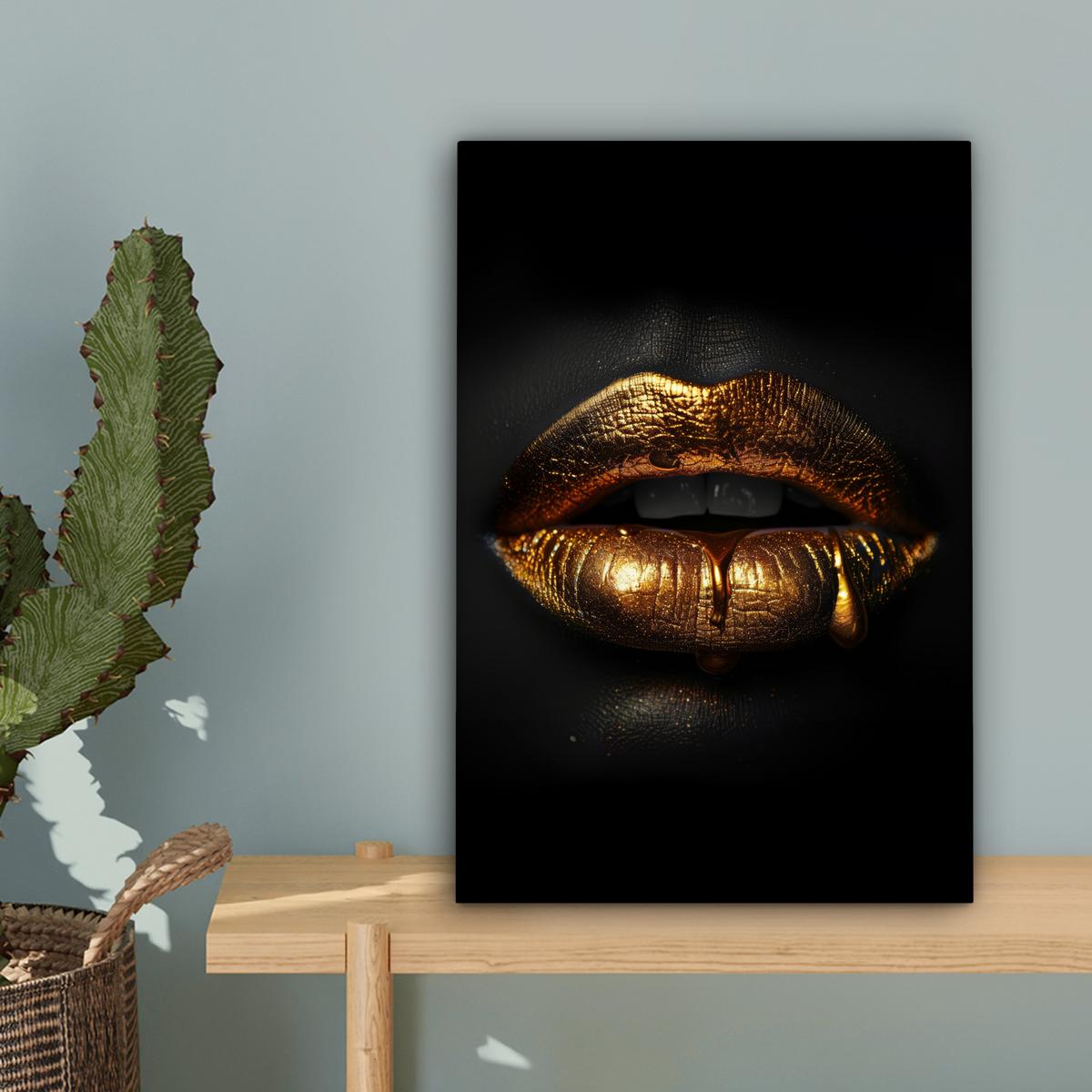 LEINWANDBILD Frau - Porträt - Lippen - Gold - Schwarz Deko Wohnzimmer 20x30 cm - Schwarz, Textil (20/30cm) - MuchoWow