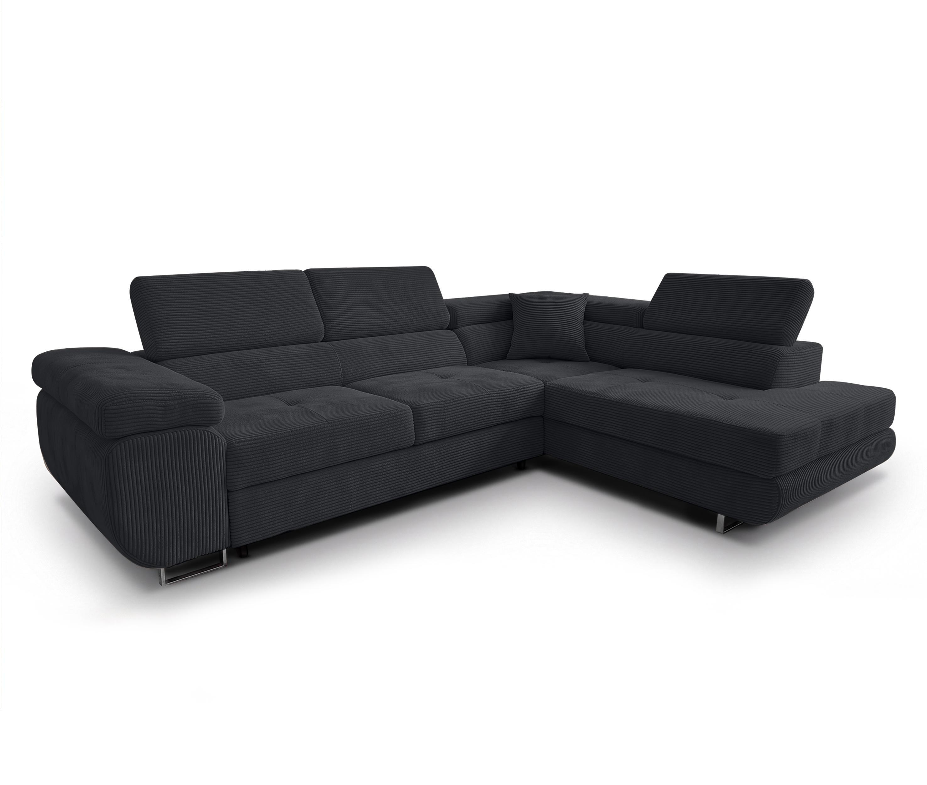 ECKSOFA L Form Konak Schwarz 276/201/90 cm Rechts mit Schlaffunktion - Silberfarben/Schwarz, Textil/Metall (276/203cm) - AX Living