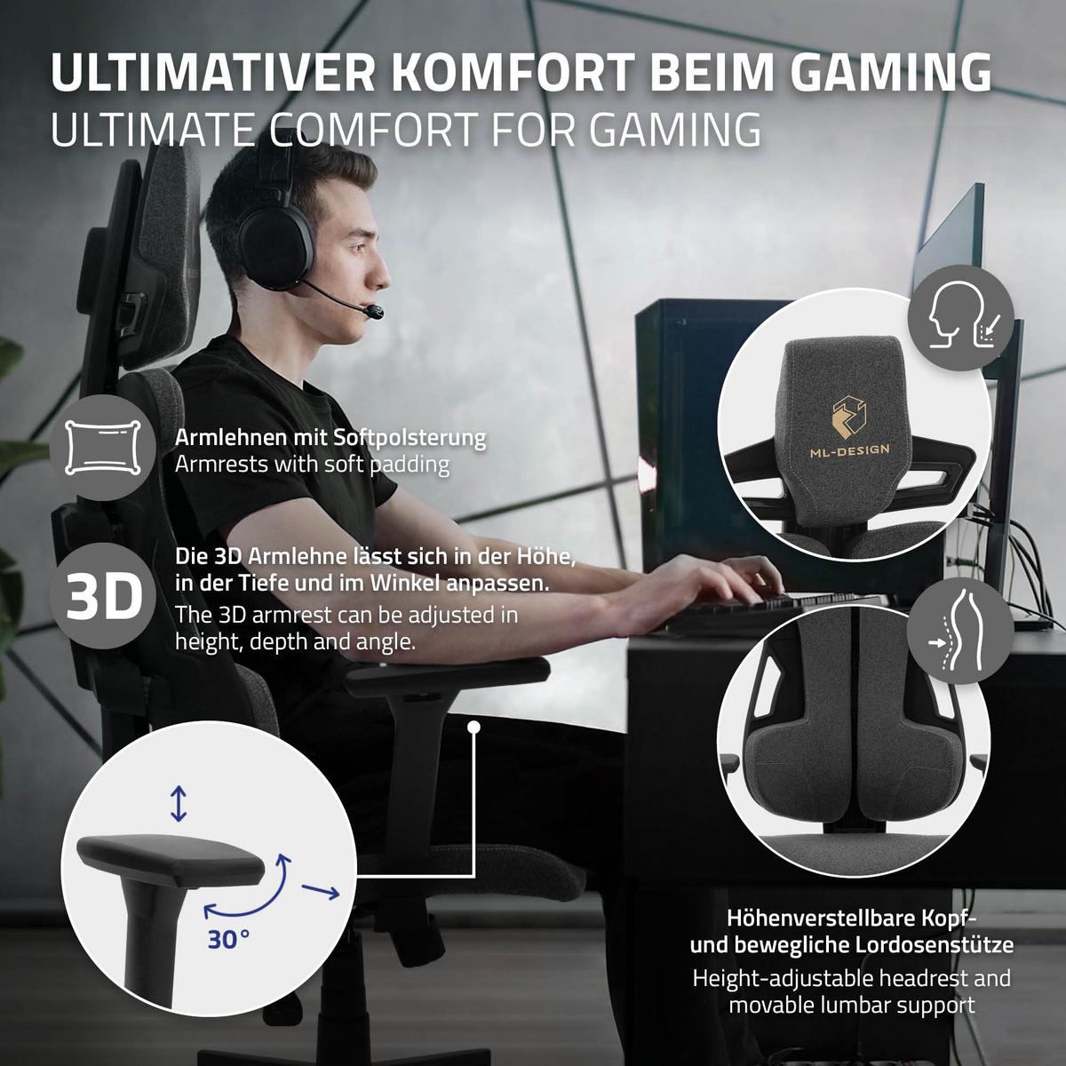 GAMINGSTUHL mit Stoffbezug in Grau Individuell Einstellbar - Schwarz/Grau, Kunststoff/Textil (69/142/68cm) - ML-DESIGN
