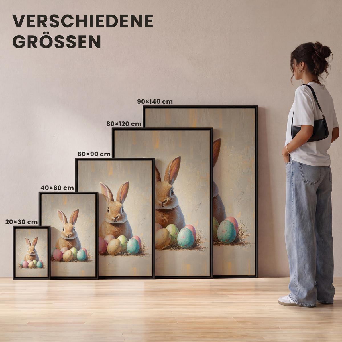 LEINWAND Bilder mit Rahmen - Osterhase - Pastell - Eier - 100x150 - Beige, Textil (100/150cm) - MuchoWow