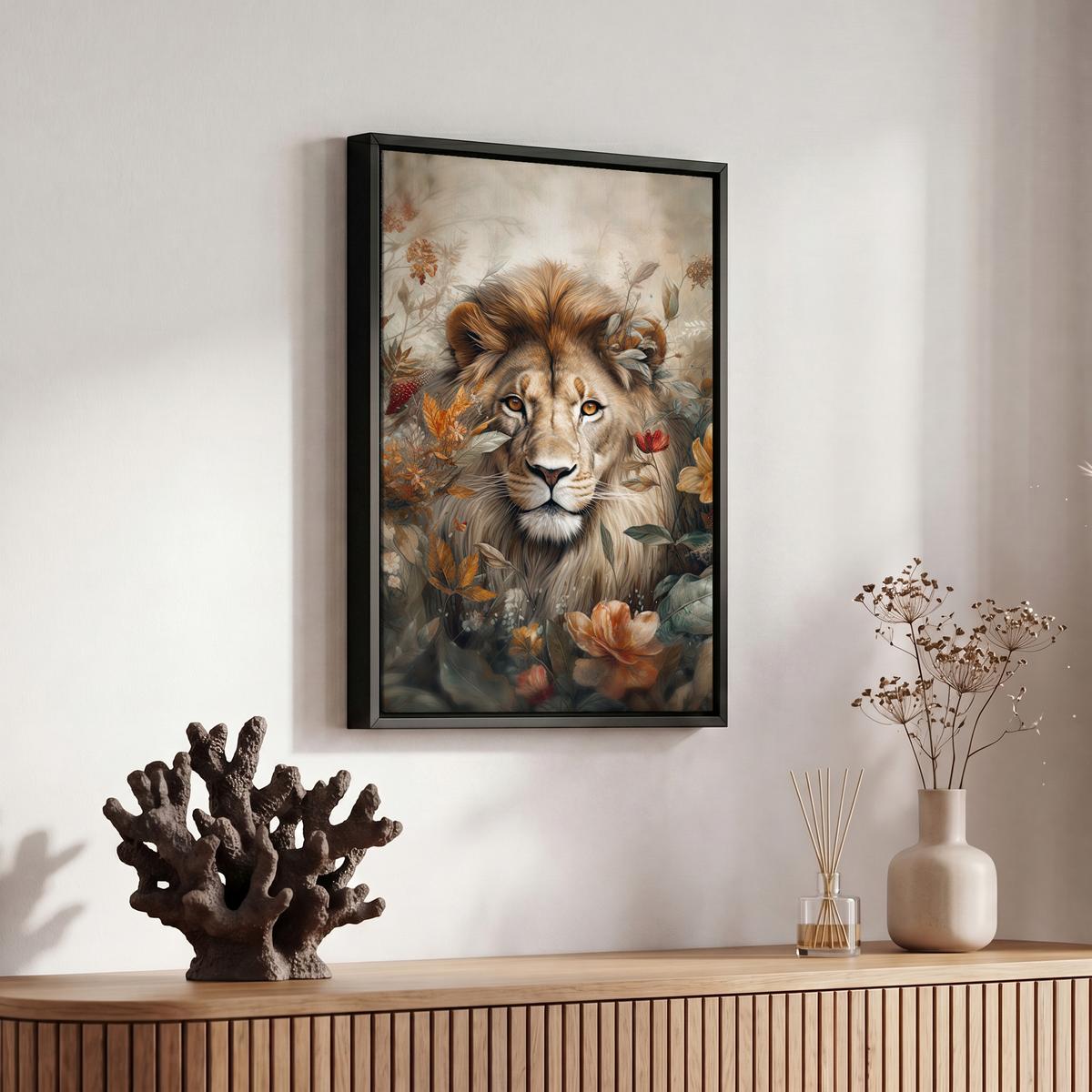 LEINWAND Bilder mit Rahmen - Löwe - Wildtiere - Pflanzen - Natur - Blumen - 20x30 - Beige, Textil (20/30cm) - MuchoWow
