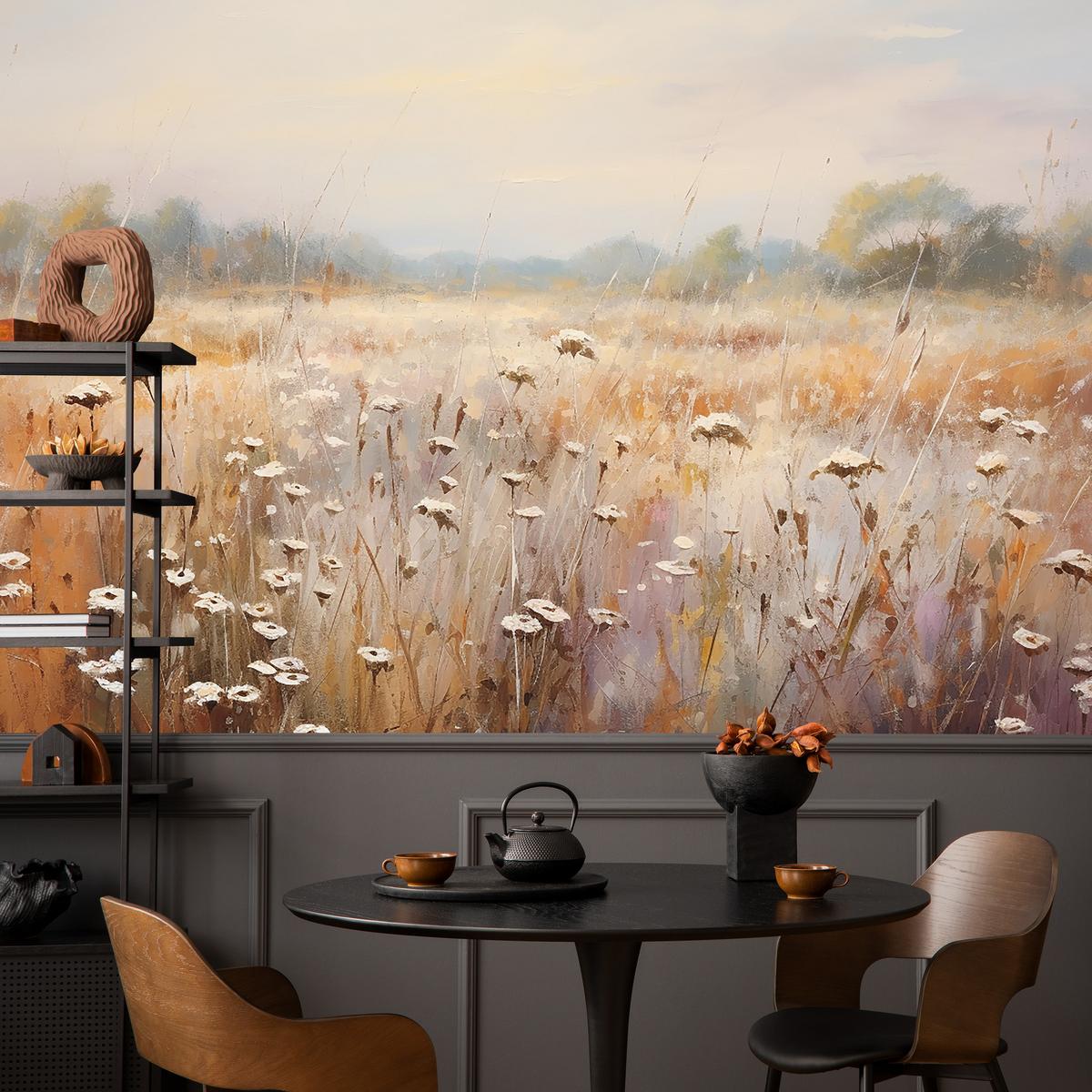 FOTOTAPETE für Esszimmer Wiese Pflanzen Retro Stil 300x210 - Gelb/Beige, Papier (300/210cm) - Muralo