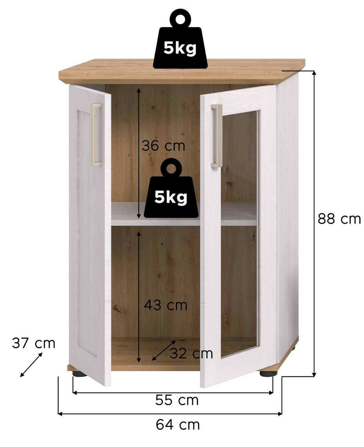 VITRINE weiß Lärche, Eiche Artisan 64 x 88 cm, Kommode im Landhaus-Stil - Silberfarben/Schwarz, Holzwerkstoff/Kunststoff (64/88/37cm) - Inn.Furn