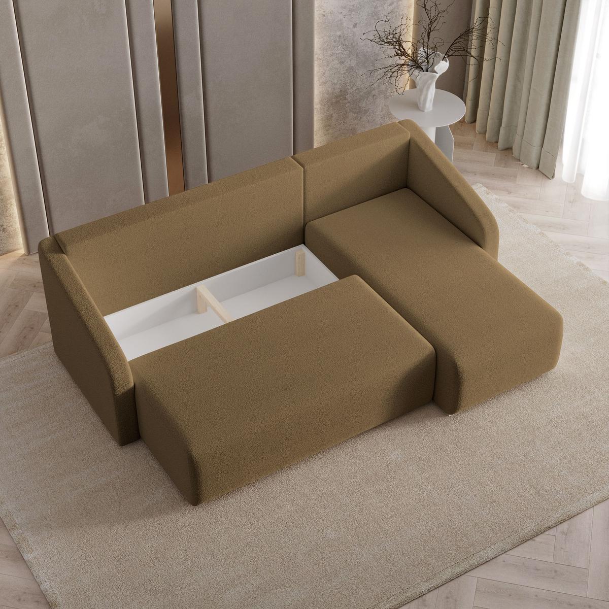 ECKSOFA MARELLO Orange Boucle-Stoff mit Schlaffunktion - Orange, Holz (220/143cm) - MASSENO