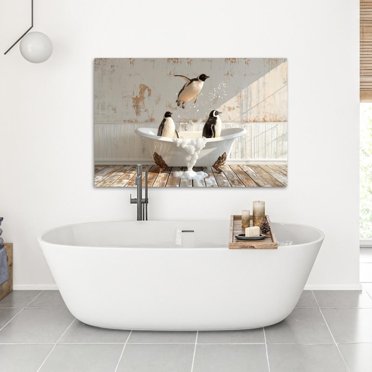 LEINWANDBILD Vintage - Pinguin - Badewanne - Schaumstoff Wohnzimmer Groß 120x80 cm - Schwarz, Textil (120/80cm) - MuchoWow