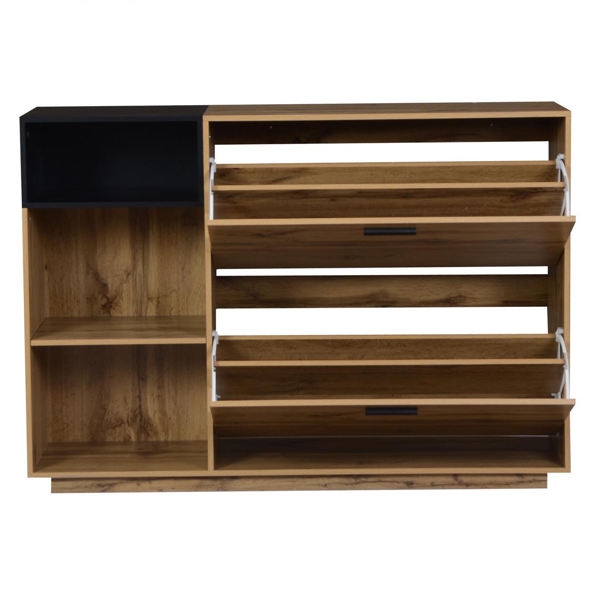 SCHUHESCHRANK mit 3 offene Fächer & 2 Klappfächer Natur+Schwarz - Naturfarben, Holzwerkstoff (120/84.5/32cm) - Urban Meuble