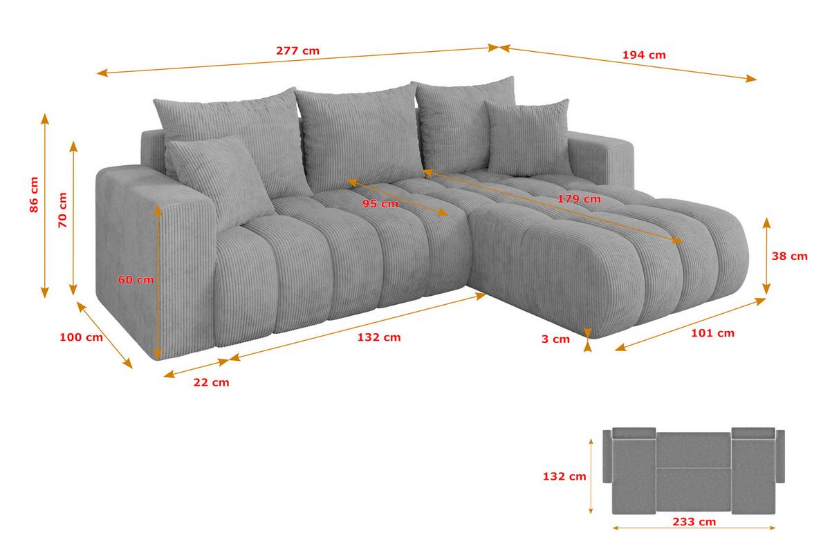 ECKSOFA mit Schlaffunktion Ottomane Rechts MILA-L-v1 277x195x86 Grau Cord - Schwarz/Grau, Holzwerkstoff/Kunststoff (277/194cm) - ALTDECOR